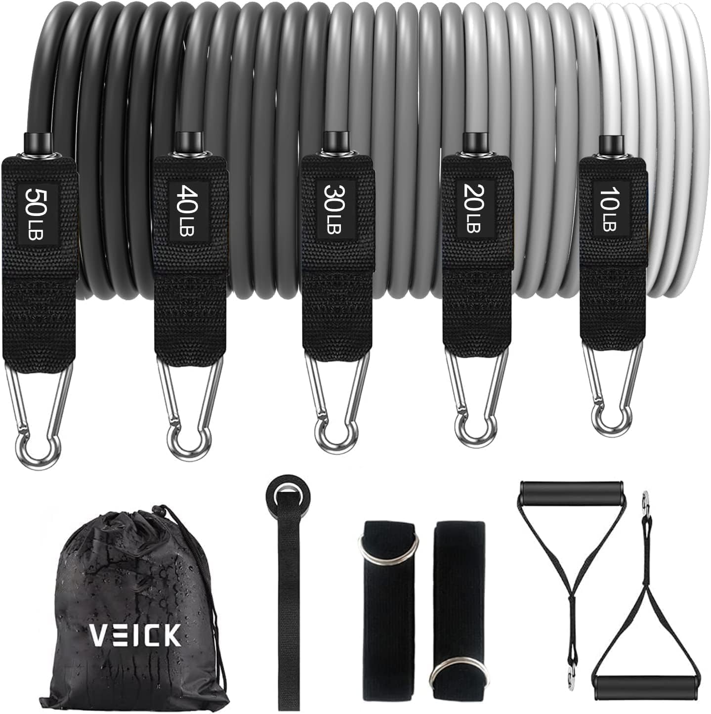 VEICK resistance bands, exercise bands, workout bands with handles for men and women (10-150 pounds, grey gradient)