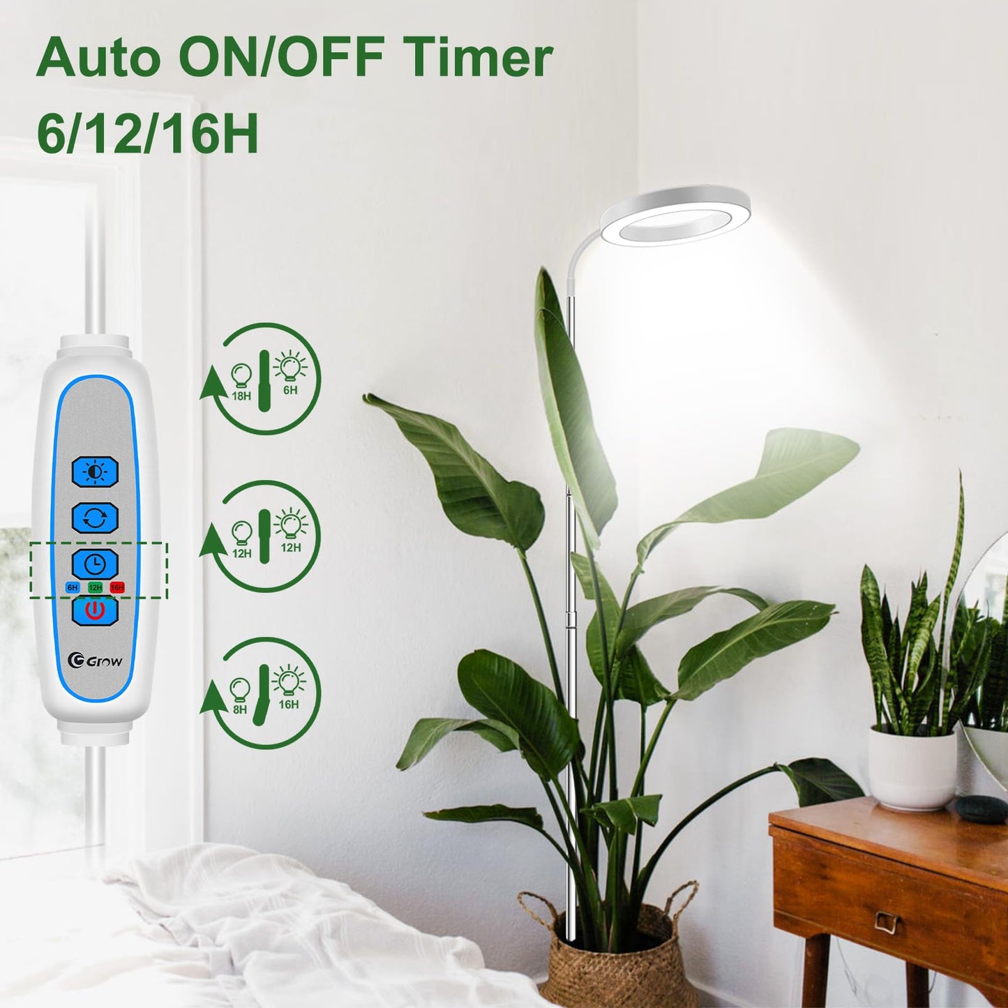 wolezek Plant Lamp LED Full Spectrum, 80 LEDs 6500K Grow Light, 160cm Large Grow Lamp, 3 Colors Plant Light with 360° Gooseneck, 6/12/16H Timer, 5 Brightness, Adjustable Height, White