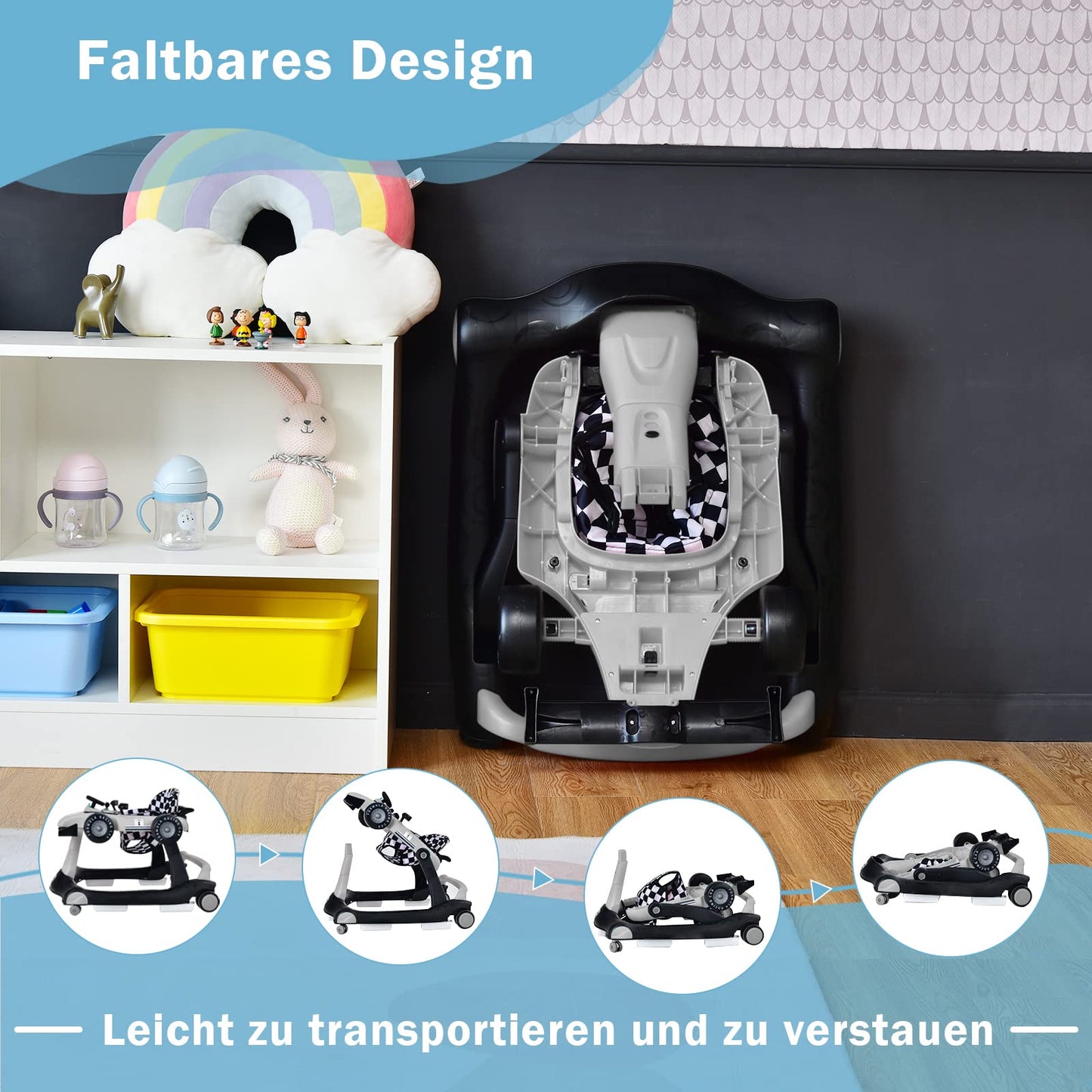 COSTWAY 4 in 1 baby walker, foldable with adjustable height & speed, car-shaped with music box, lights & wheels, suitable for babies from 6 months, up to 12kg load capacity (Grey)