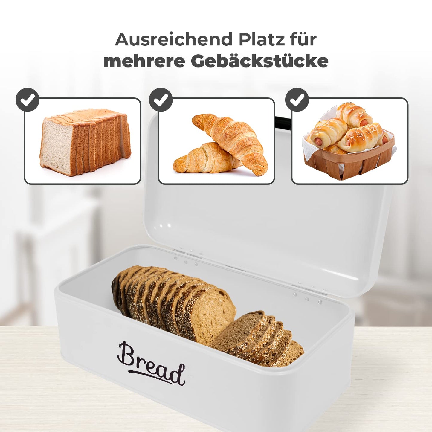 DRULINE Bread box with folding lid - Retro bread box - Bread storage - Breadbox - Metal white/black - W/D/H approx. 42 x 16 x 22.5 cm - Retro design