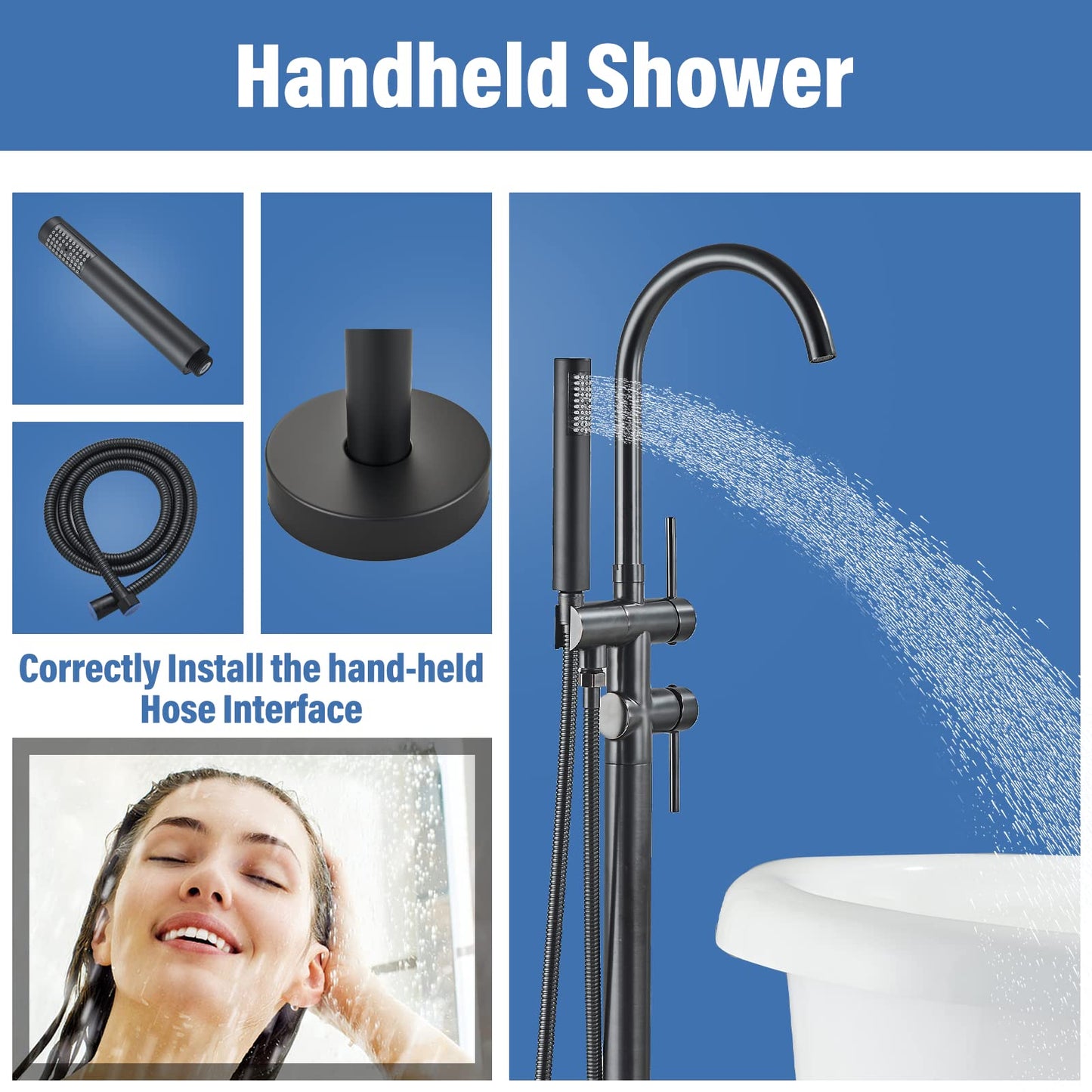 Rozin Freestanding Tub Faucet Black Bathroom Faucet with Hand Shower Floor Mount Bathtub Faucet 2 Handles 360° Rotate Shower Faucets for Tub
