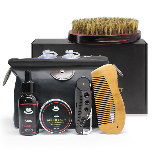 Improved beard care set, 6-piece facial grooming kit with organic beard oil leave-in conditioner, bib, brush, combs, beard balm butter wax, all in a large storage pouch.
