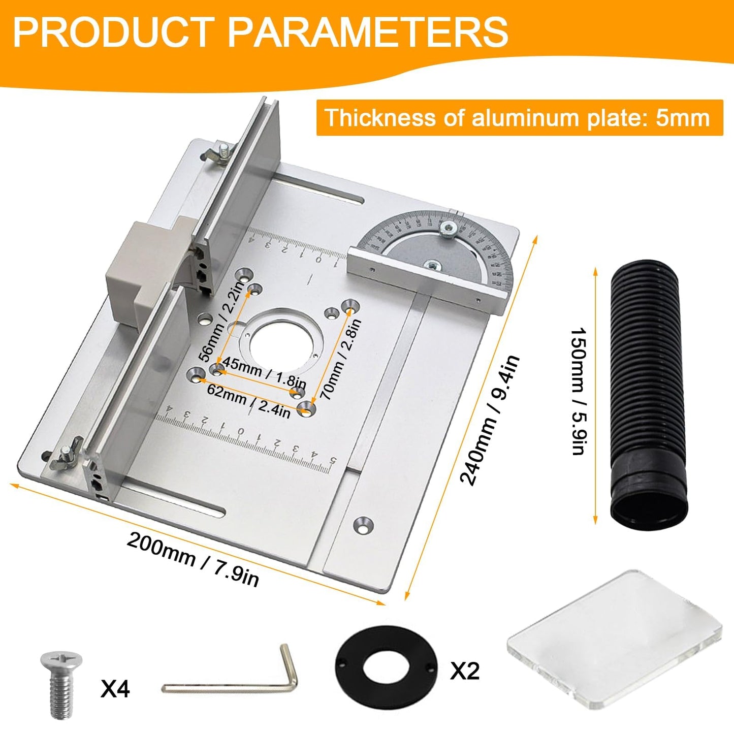 Set of 3 router table insert plates made of aluminum alloy. Includes router table insert plate for routers, silver engraving aid tool, and miter gauge.