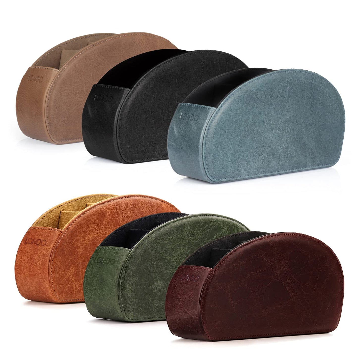 London Remote Control Holder with 5 pockets - space for DVD, Blu-Ray, TV, or Apple TV remotes - Italian genuine leather with suede lining - slim compact for living room storage.