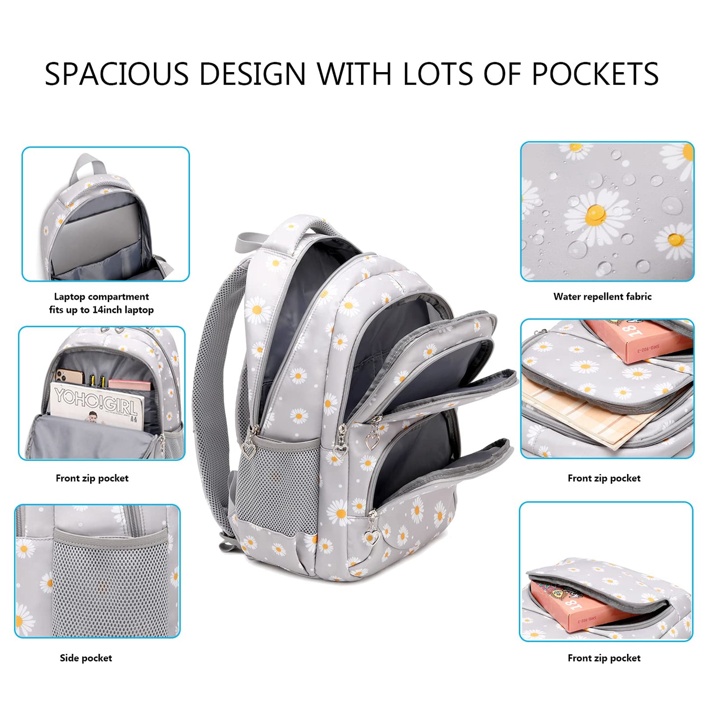 SIVENKE school backpack for girls, teenagers, and women. Daisy design set includes backpack, lunch bag, and pencil case for school and leisure.
