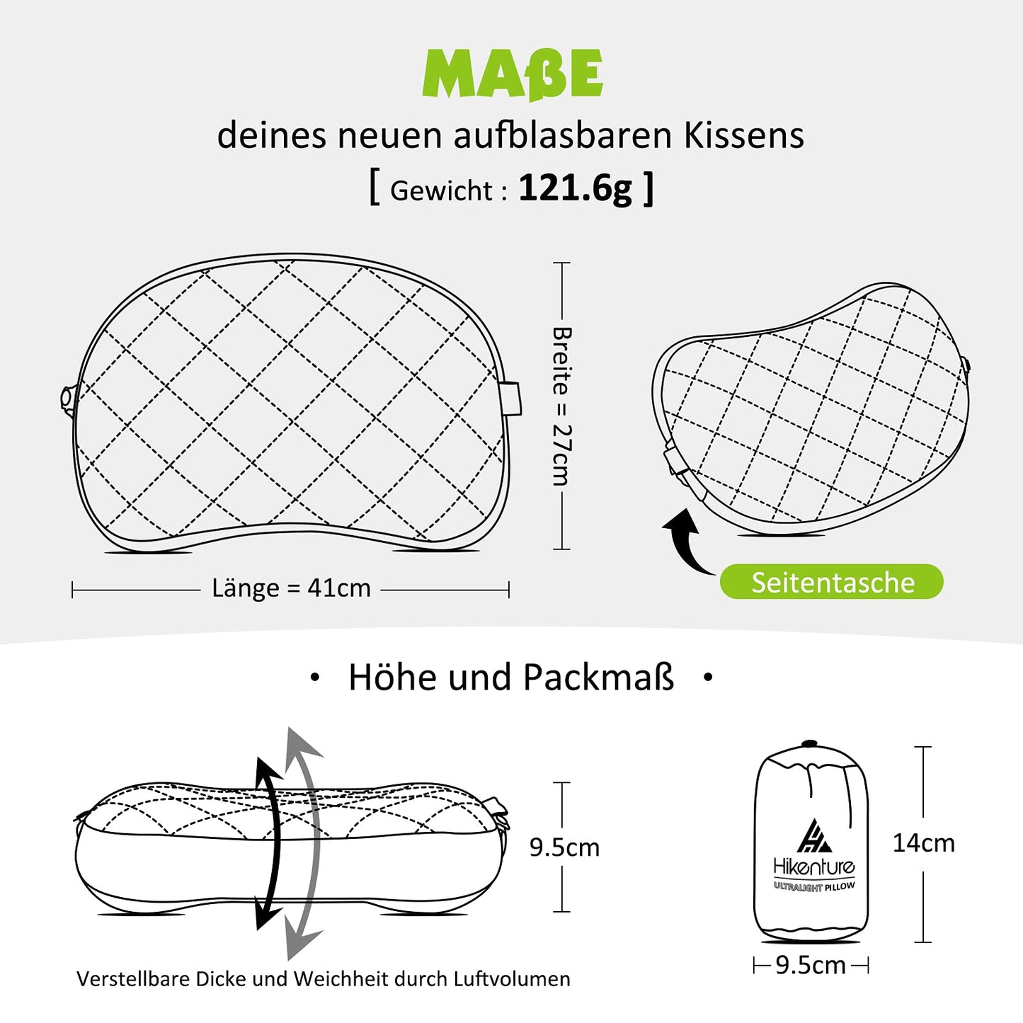 HIKENTURE Inflatable Camping Pillow with Removable Cover, Inflatable Travel Pillow Lightweight, Ergonomic Pillow on the go, Inflatable Camping Pillow Outdoor, Inflatable Pillow-Green