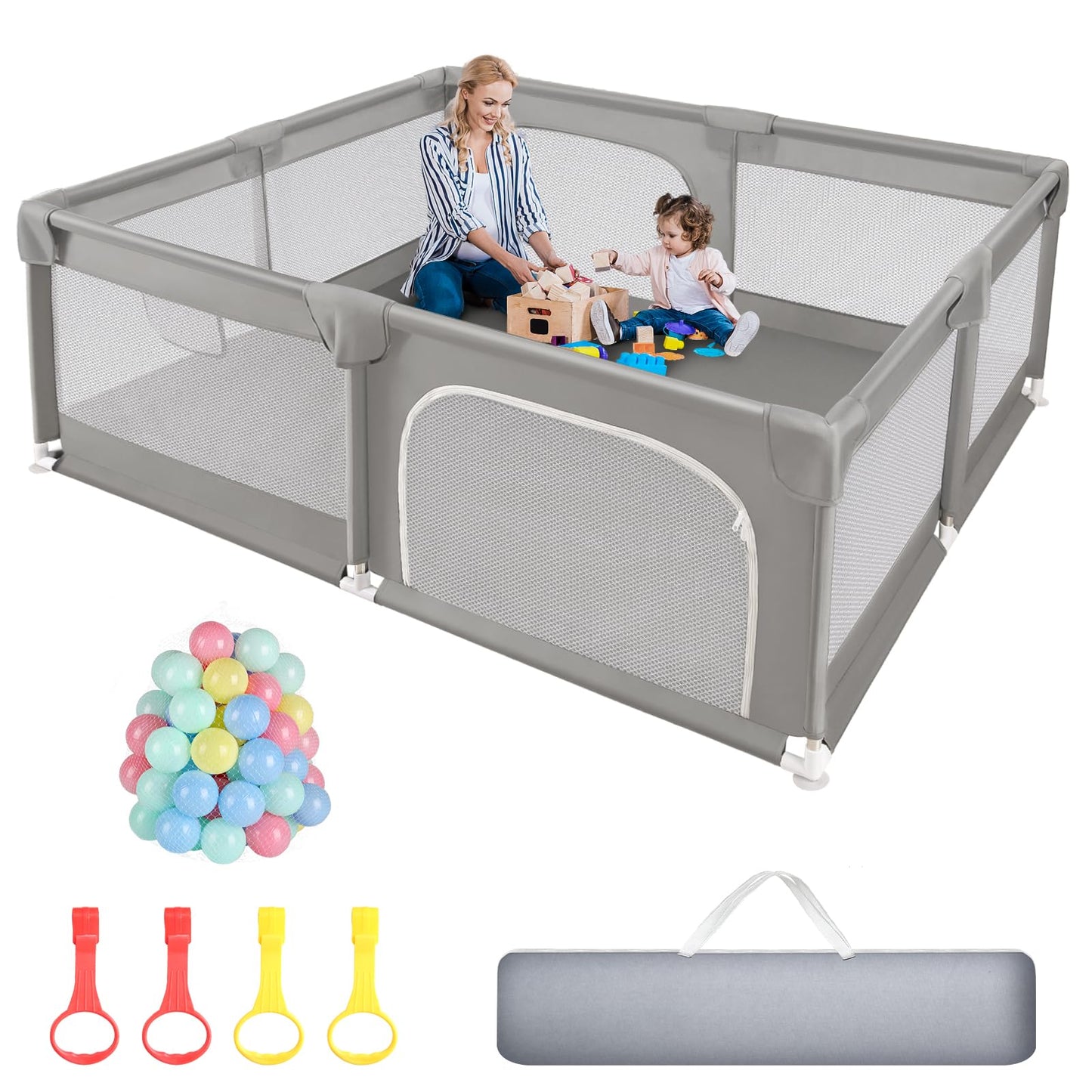 Sour Lemon Baby Playpen Playpen baby, children's fence with anti-collision foam barrier with breathable mesh, children safety playground, Including 50 Ocean Balls and 4 Pull Rings