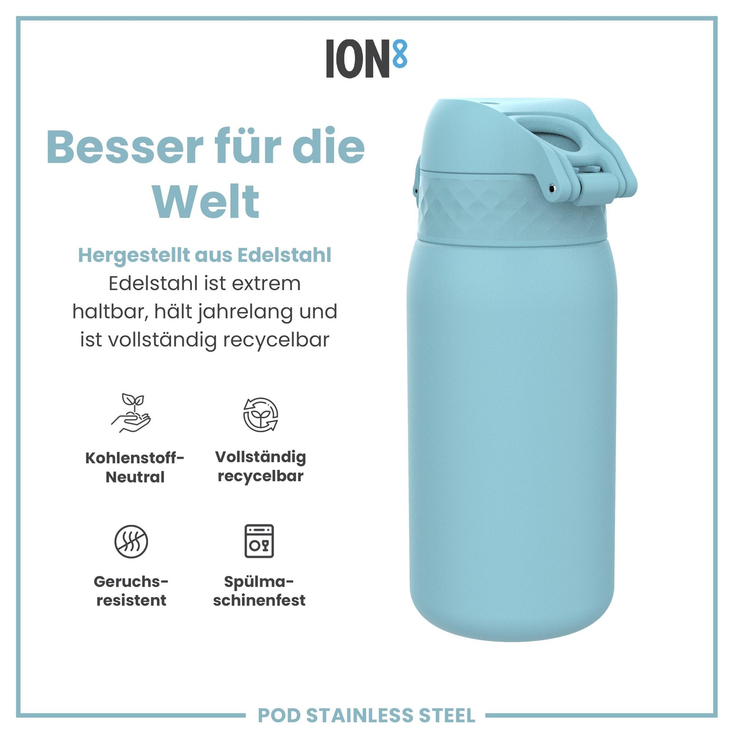 ion8 Kids Water Bottle, Stainless Steel Light 400ml, Not Insulated, Leak Proof, One-Hand Opening, Secure Locking, Dishwasher Safe, Foldable Lid, Handle, Easy to Clean, Alaska Blue