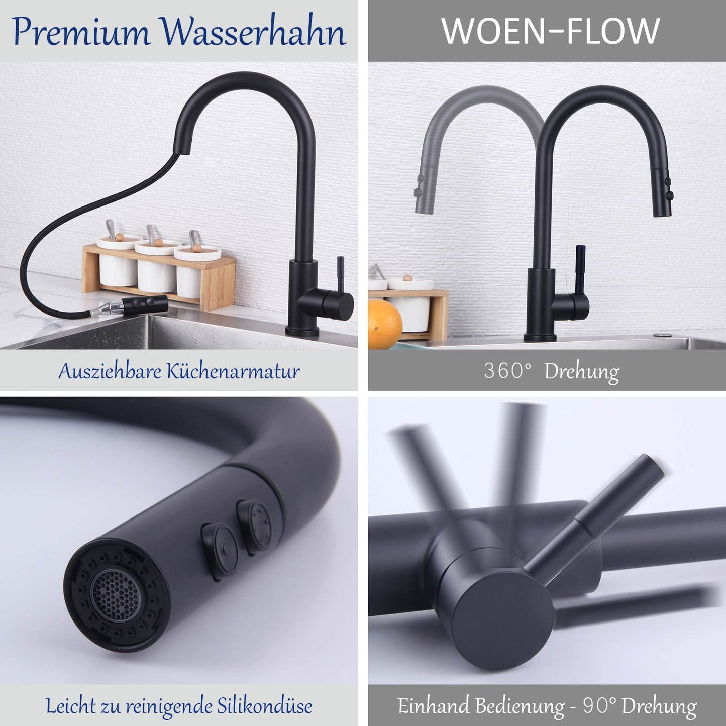 Black Kitchen Faucet, High Pressure Pull-Out 360° Swivel Kitchen Tap, Single Lever Sink Faucet with 2 Spray Modes, High Arc Kitchen Mixer Tap, Pull-Out Stainless Steel Kitchen Faucet.