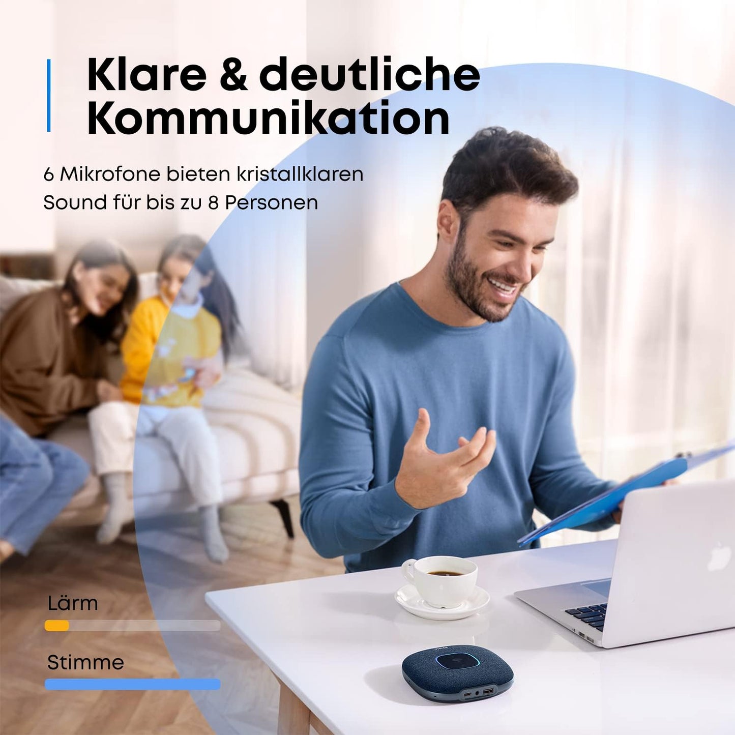 Anchor PowerConf S3 Bluetooth speakerphone features 6 mics, improved voice pickup, 24-hour call time, app control, Bluetooth 5, USB C, and compatibility with popular platforms. Ideal for home offices.