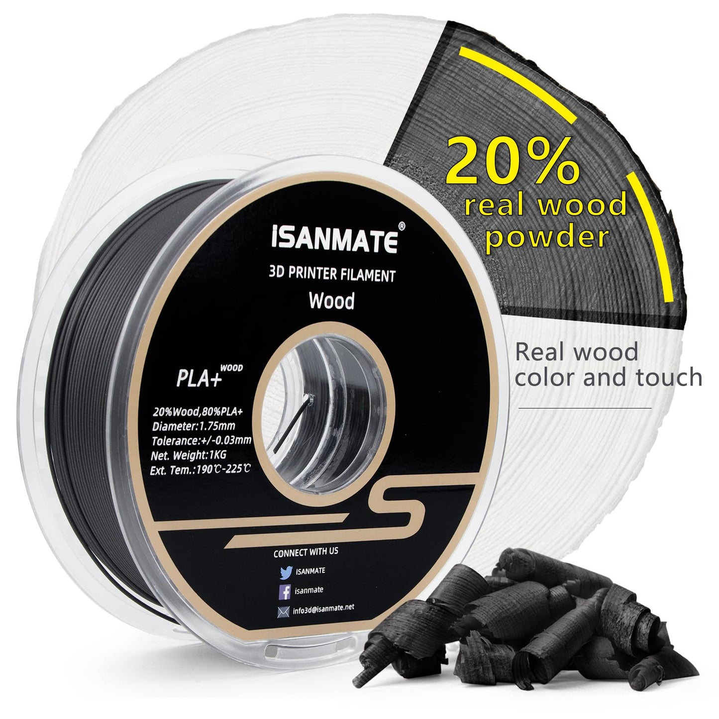 iSANMATE Wood PLA+ Filament 1.75mm, Ebony PLA+ Filament for 3D printers (20% wood powder + 80% PLA+), 1KG spool, Matte wood texture, Accuracy +/- 0.03mm.