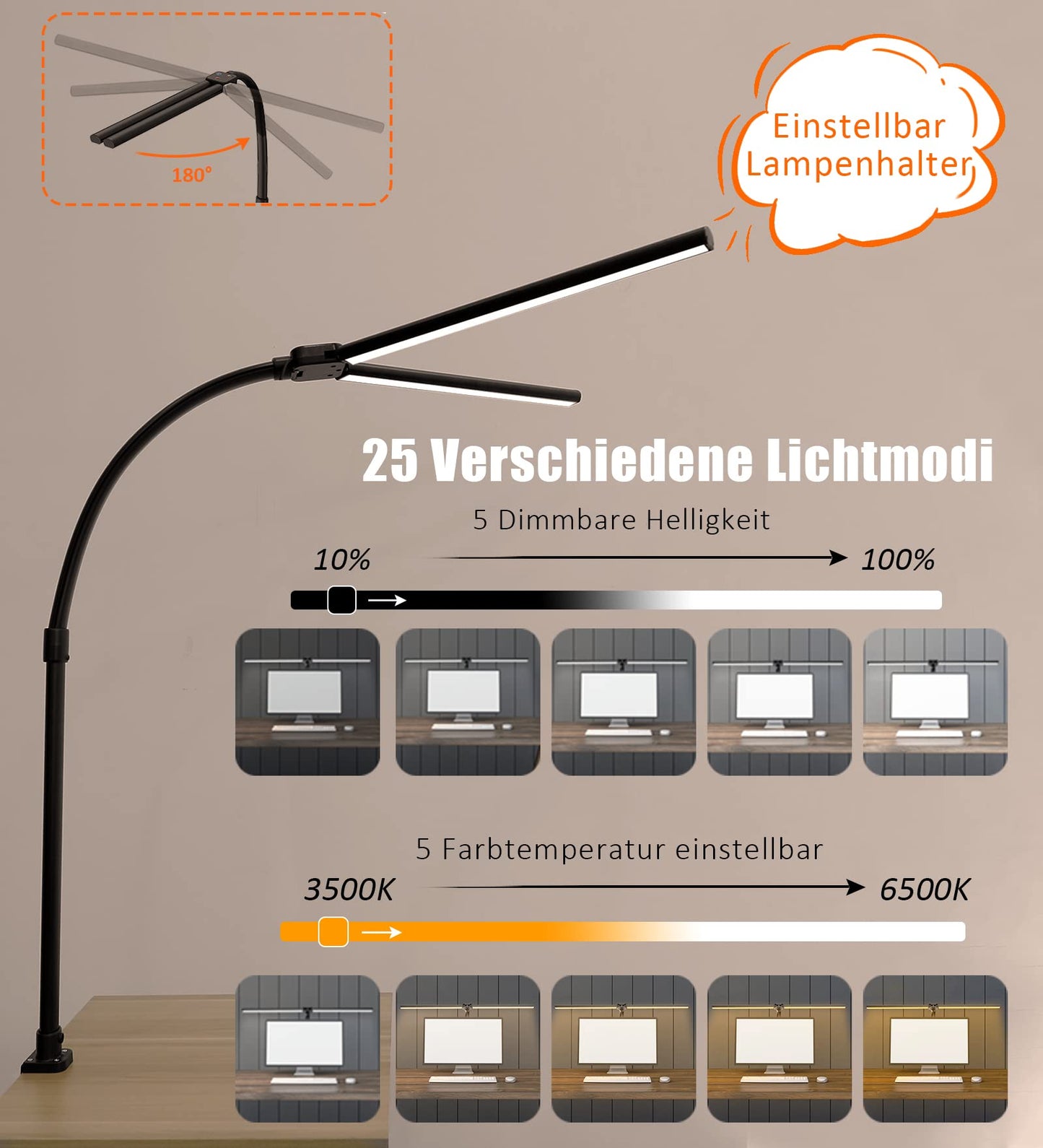 LOTTBUTY Double-headed Desk Lamp LED dimmable, 24W 80CM Home Office Daylight Desk Lamp, Swan Neck Office Table Lamp (Black, Clampable)