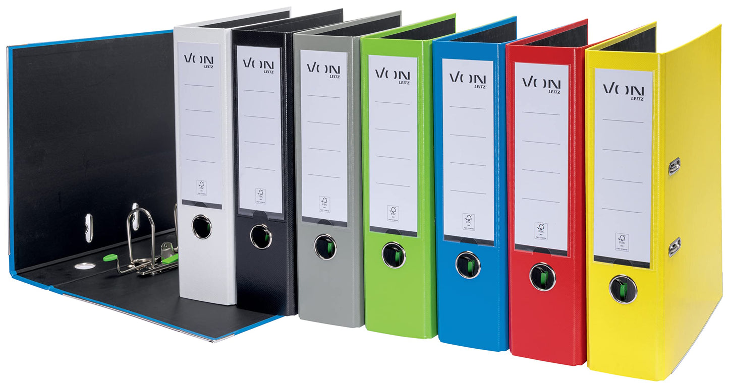 From Leitz: A4 Lever Arch File, 10 pack, Cardboard with Plastic Cover, 80mm Spine Width, Holds 600 Sheets, Blue Angel & FSC Certified, for School, College & Home Use, Turquoise, 10550052.
