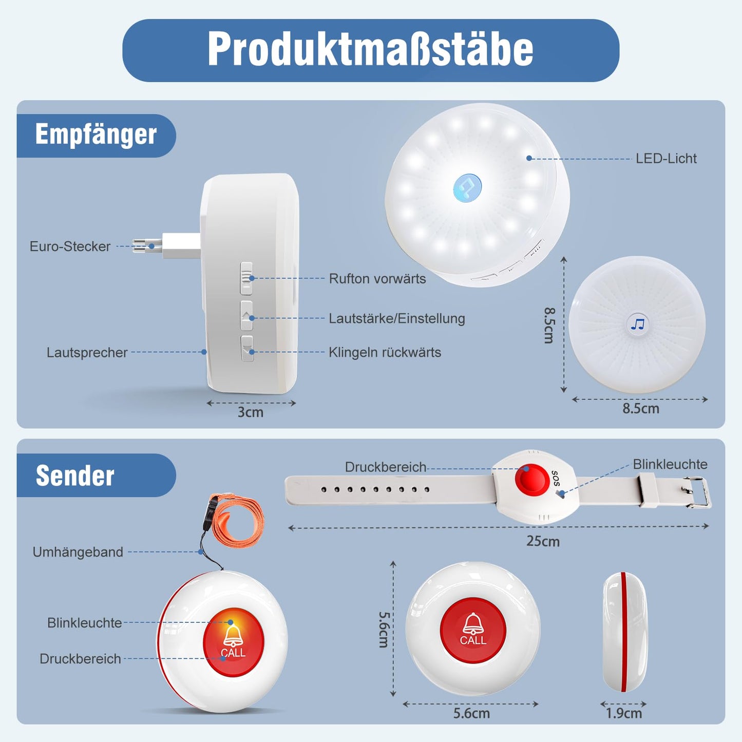 ChunHee emergency button for seniors/emergency bracelet for seniors/alarm for seniors 45M reception range for elderly/disabled/pregnant women