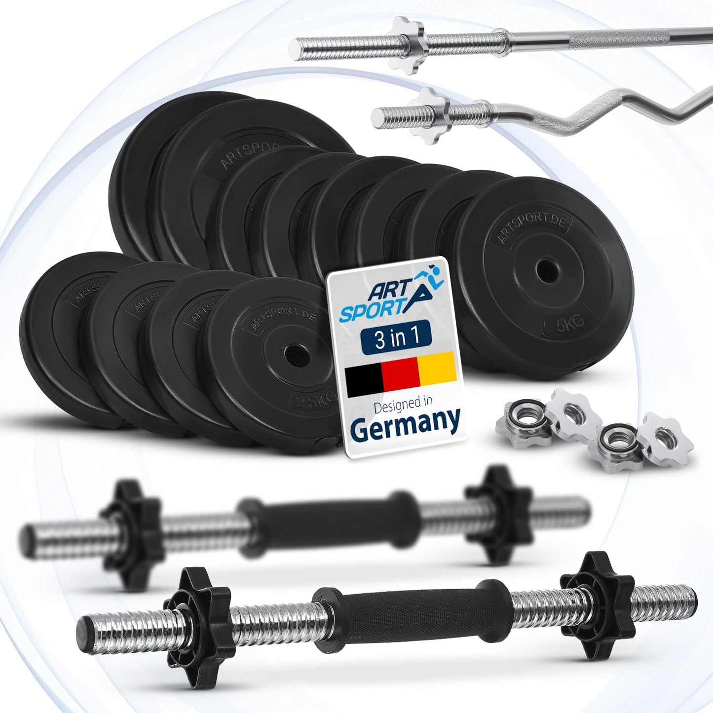 ArtSport 3in1 dumbbell set with 2 dumbbells, 1 barbell & 1 EZ curl bar - 12 weights totaling 60kg with star locks - weightlifting set for strength training