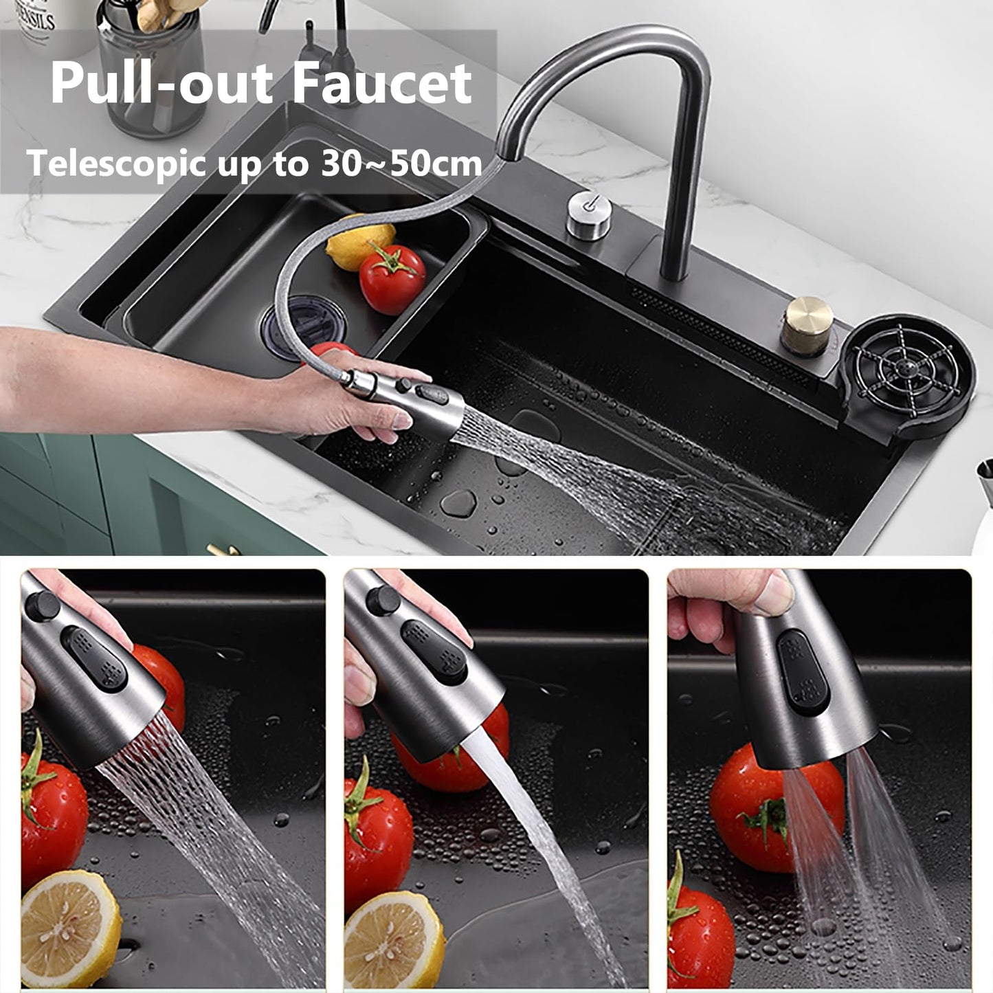 Kitchen sink Stainless steel Sink Black Waterfall Kitchen Sink With Cup Washer, Built-in sink Kitchen sink Glass washer For sink, Integrated sink With faucet Waterfall)