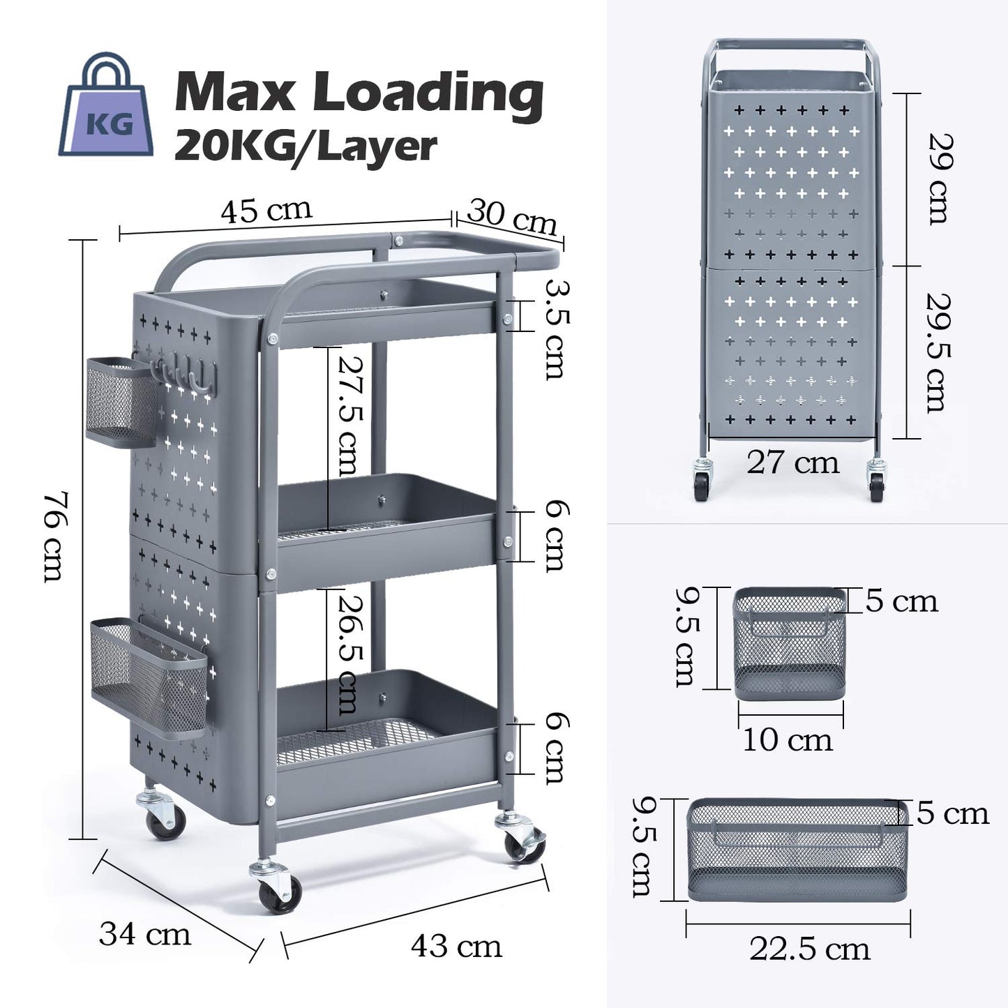 Kingrack rolling cart, 3-tier metal rolling cart, slim kitchen cart, multipurpose cart for kitchen cosmetics, shelf cart with perforated plate, wheels, hooks, baskets, handles, locking casters, serving cart for office, garages.