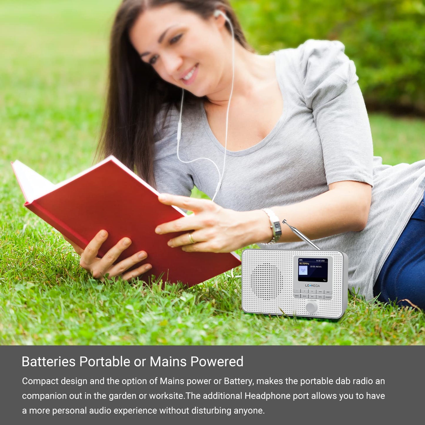 LEMEGA DR3 Portable DAB Plus/FM Digital Radio Battery Powered, Bluetooth Office Radio, Headphone Jack, Favorite Memory, Dual Alarm Clock, TFT Display, Small, 3 Watt RMS - Gray