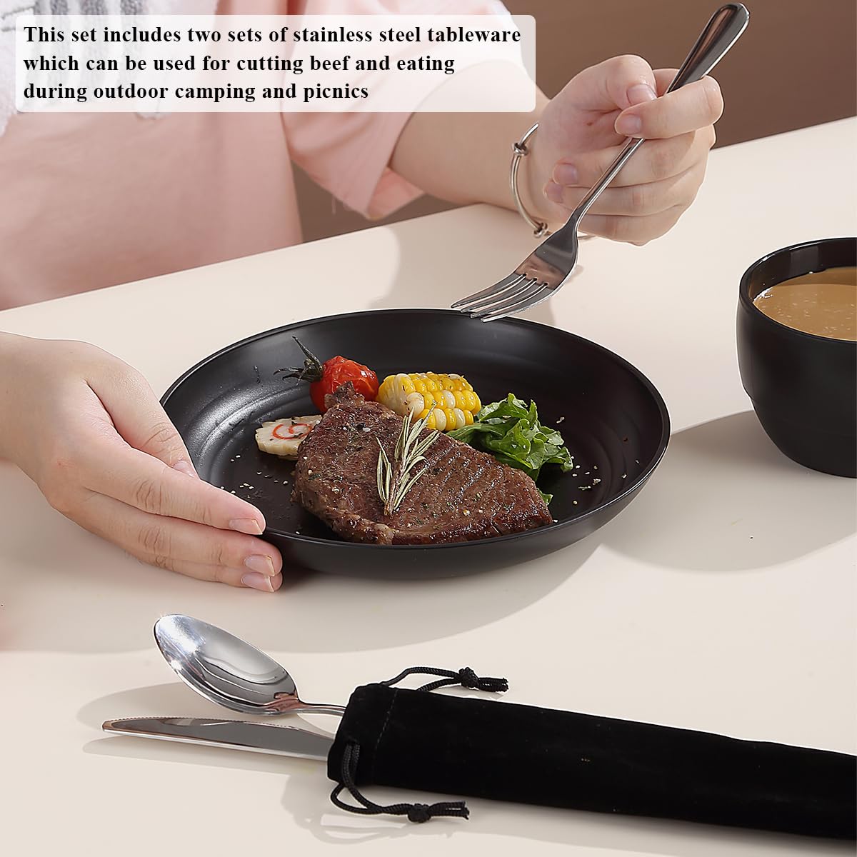 Mountain country camping cutlery set of 2 pieces, reusable cutlery sets with knife, fork, spoon, cups and plates, and bowls, portable travel cutlery set, easy to clean, dishwasher safe.