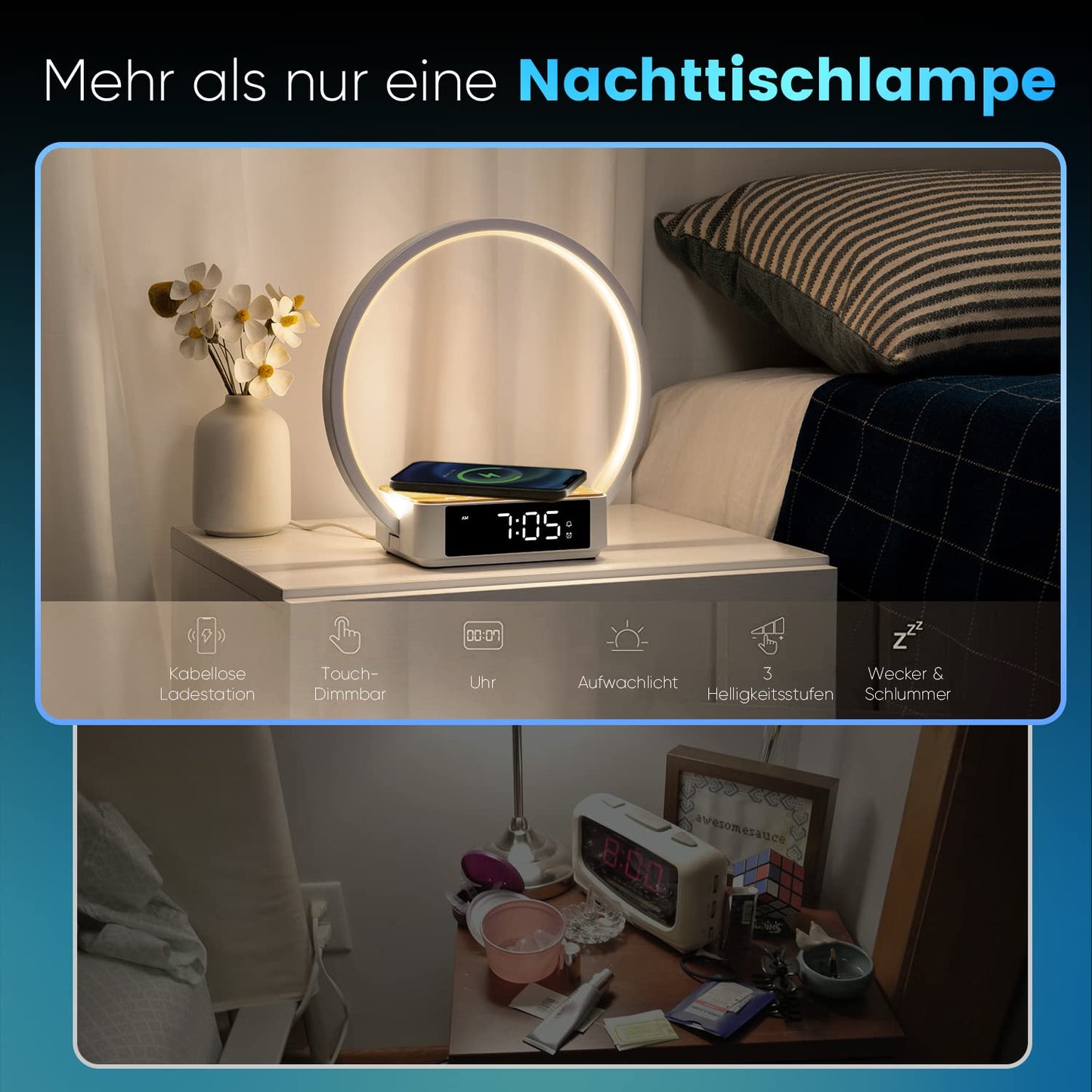 WILIT LED bedside lamp with charging function, light alarm clock with clock, bedside lamps touch dimmer bedroom with 3 brightness levels, 10W wireless charger, wood