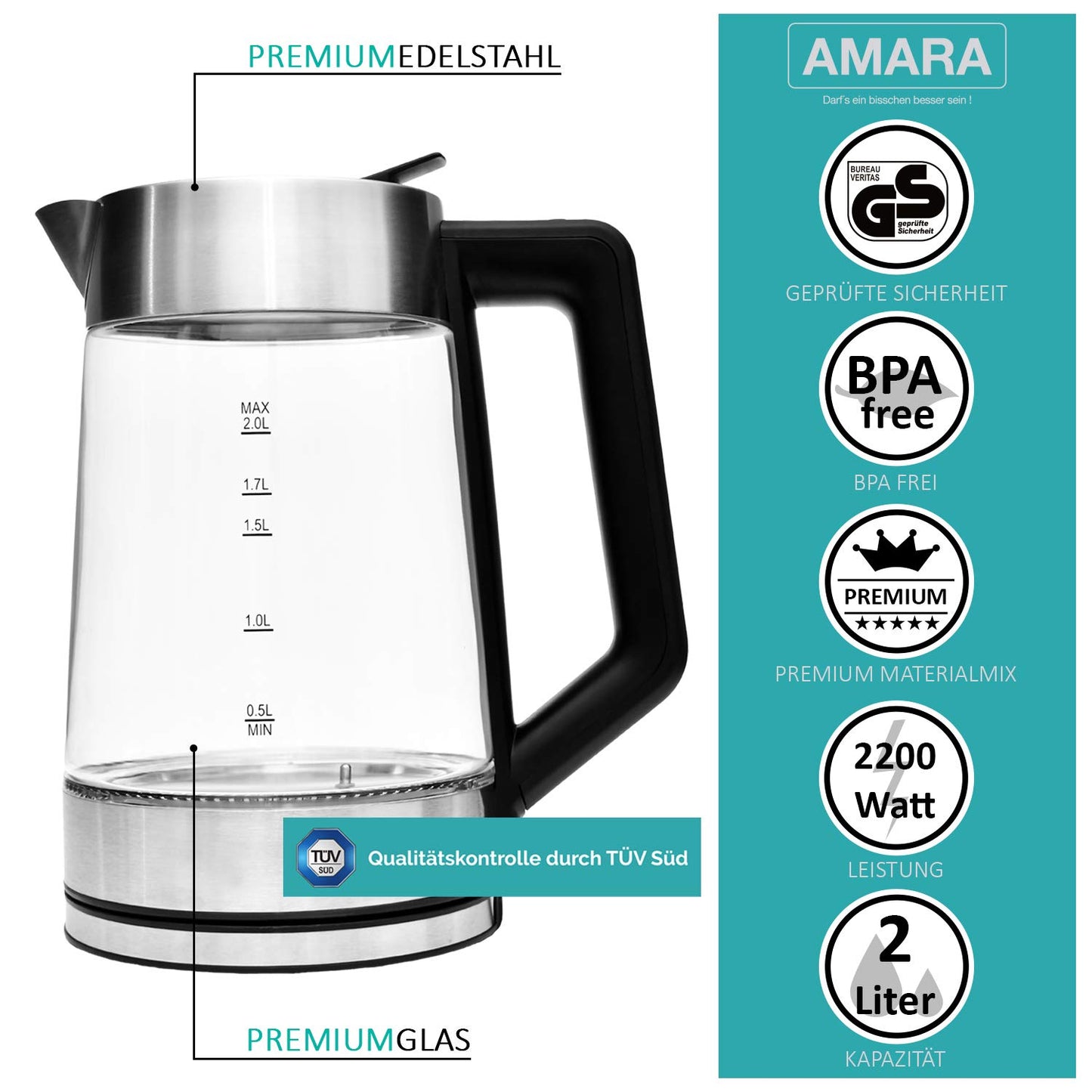 AMARA Glass Electric Kettle with Temperature Control 2200 Watts 2L especially quiet Temperature range 50-100°C With EASY-FILL filling system LED color change indicates temperature.