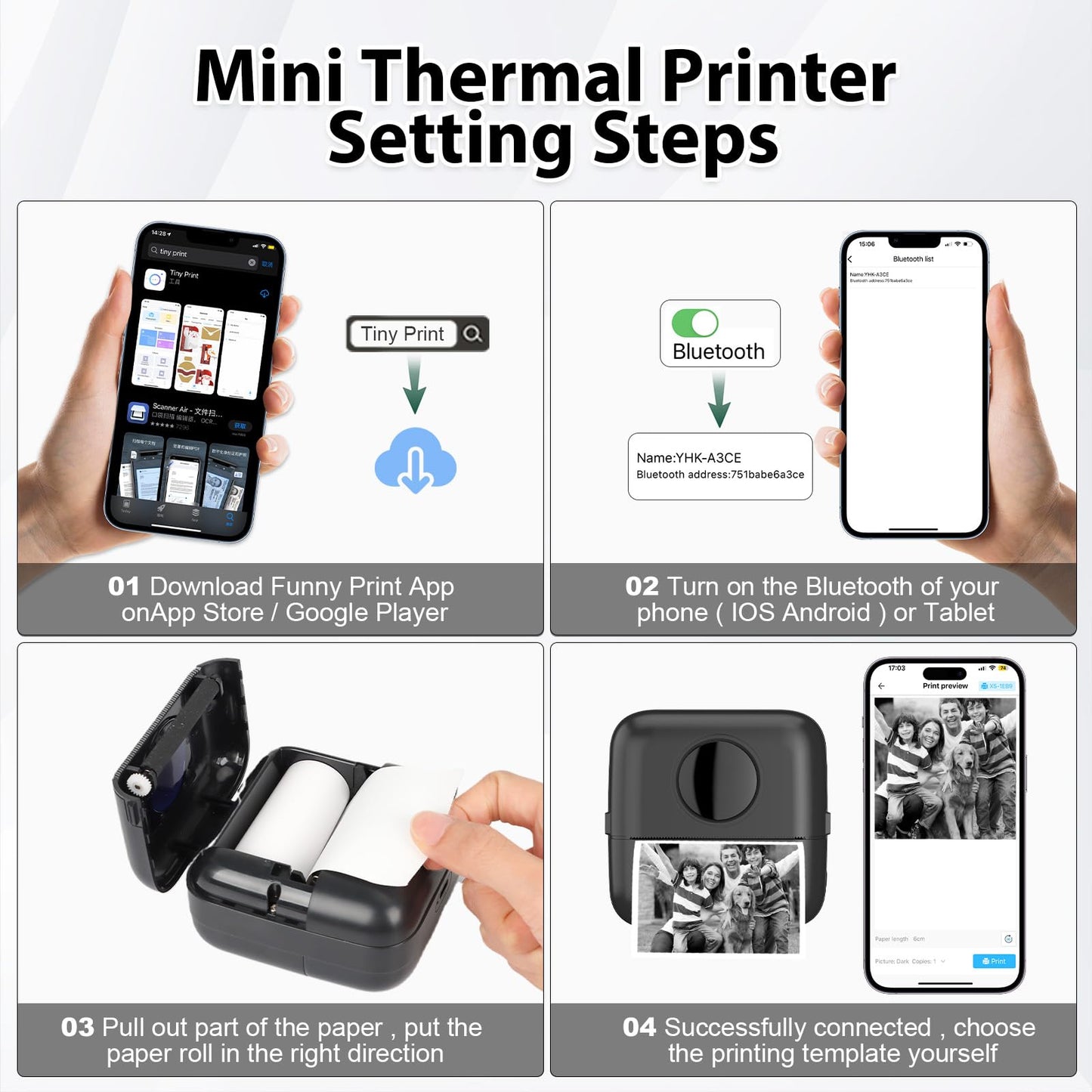 HUIJUTCHEN Mini Printer with Bag, Mini Label Printer Bag Portable Mini Photo Printer 10 Rolls Printer Paper Bluetooth Photo Printer Thermal Printer for Learning Aid Study Notes Journal Memo (Black)