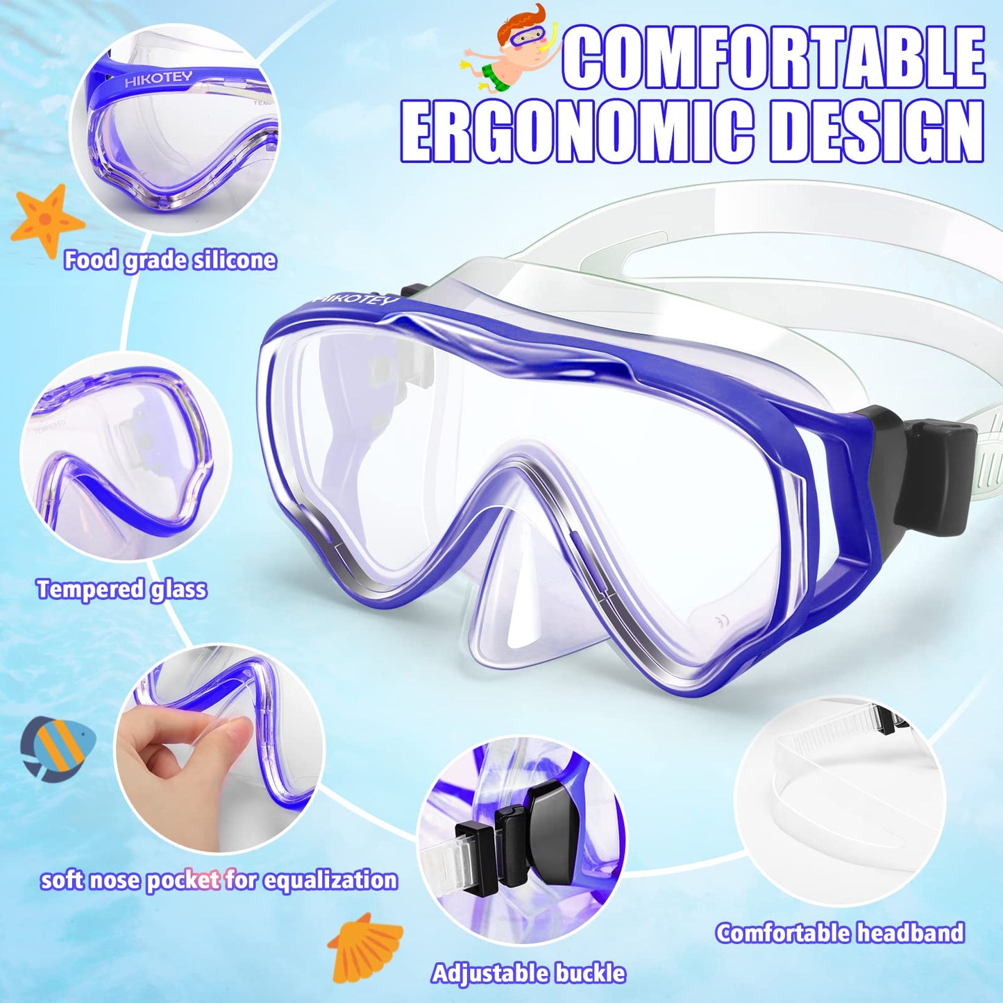 Kids Snorkel Set, HIKOTEY Snorkel Mask with 2-Channel Premium Dry Snorkel, 180° Panoramic Hardened Glass Anti-Leak Snorkel Masks for Boys Girls (4-12 years) - Pacific Blue