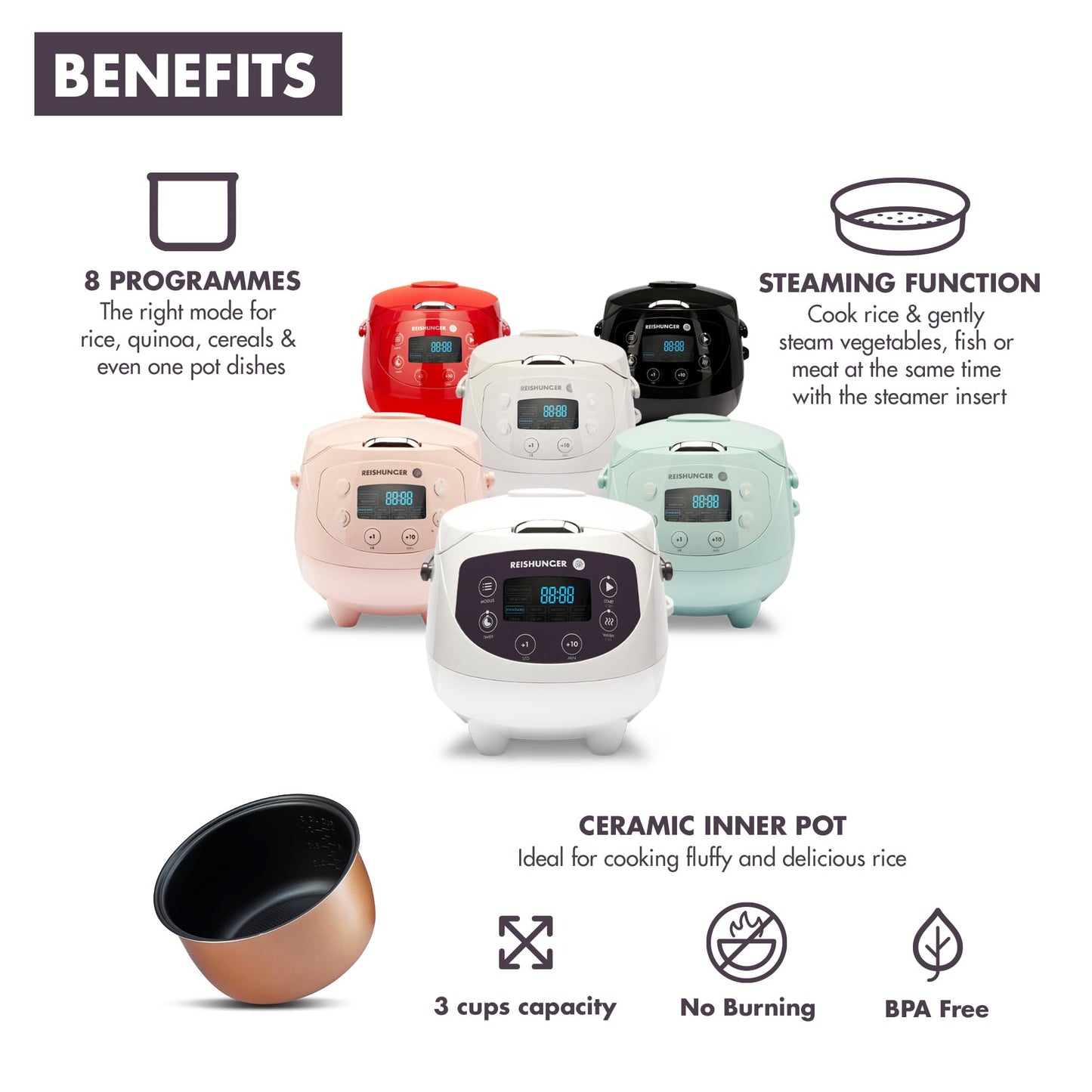 REISHUNGER Digital Rice Cooker Small, White | 0.6 L for 3 people | Keep Warm Function, Timer & Premium Pot | Small Multi-Cooker & Steamer, 8 Programs, 7-Phase Technology