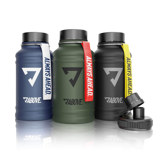 ABOVE. Stainless steel water bottle 1.3L / 2.2L - BPA-free, Leak-proof & Durable - 2L metal bottle with extra drinking spout for sports, fitness & outdoor use. Not a thermos bottle (Black, 2.2L).