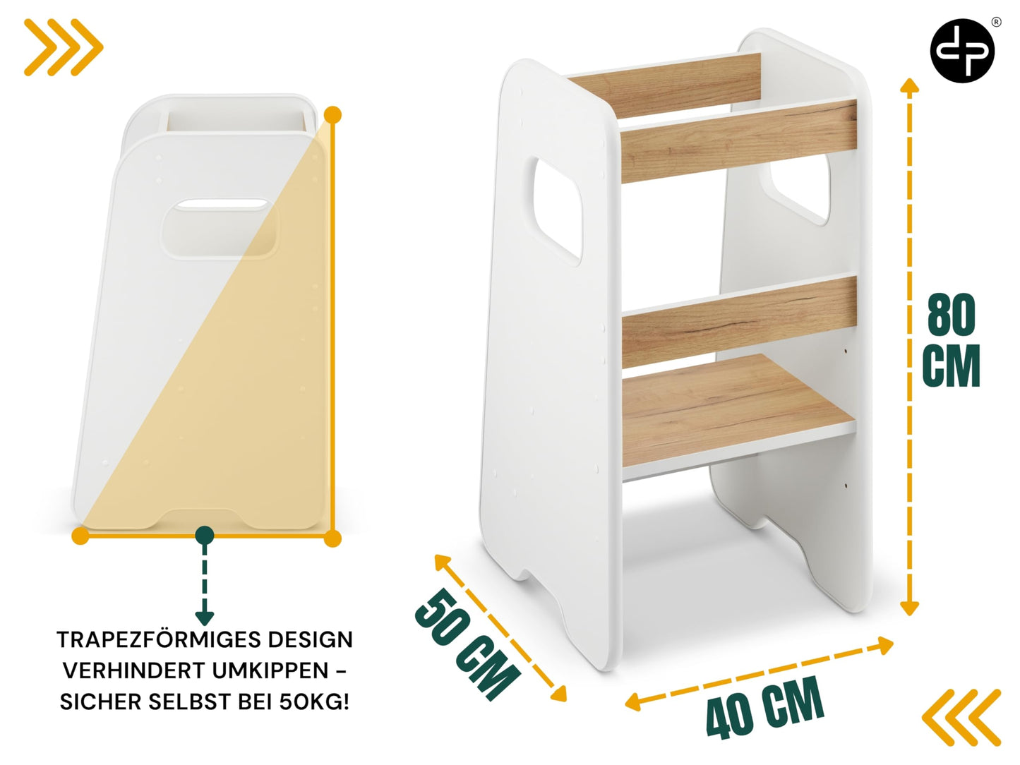 defiPad learning tower from 1 year - 3 levels adjustable in height, safe & stable - Learning Tower with tilt protection - Montessori learning tower for children - Made in the EU White - White & Oak