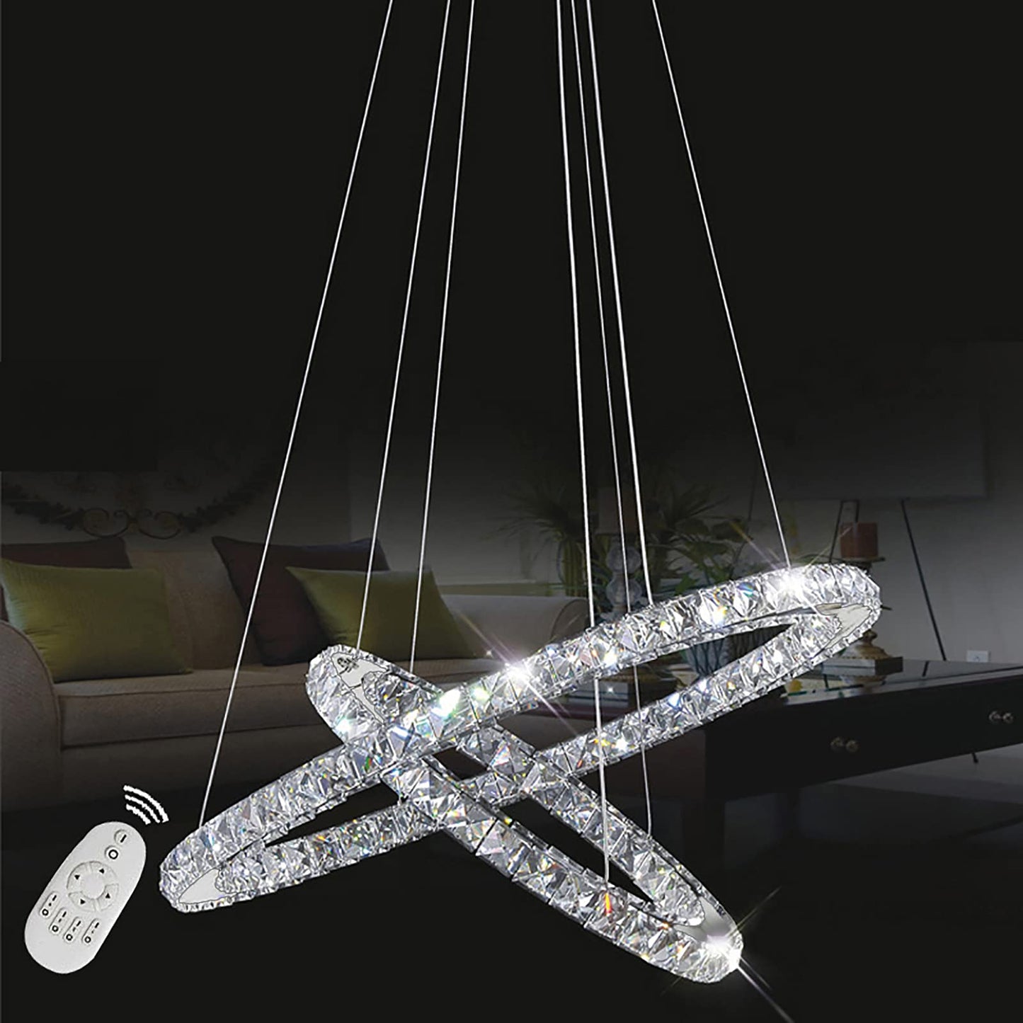 Onforu 48W Modern Crystal LED 2 Ring Design, Creative Chandelier Pendant Light for Bedroom Living Room Dining Room (Dimmable, 48W)