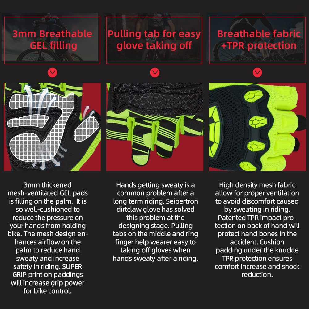 Seibertron Dirtclaw Unisex BMX MX ATV MTB Road Racing Mountain Bike Cycling Gloves Cycle Gloves Dirt Bike Gel Padded Non-Slip Half Finger Motorcycle Sports Adult Fluorescent Yellow