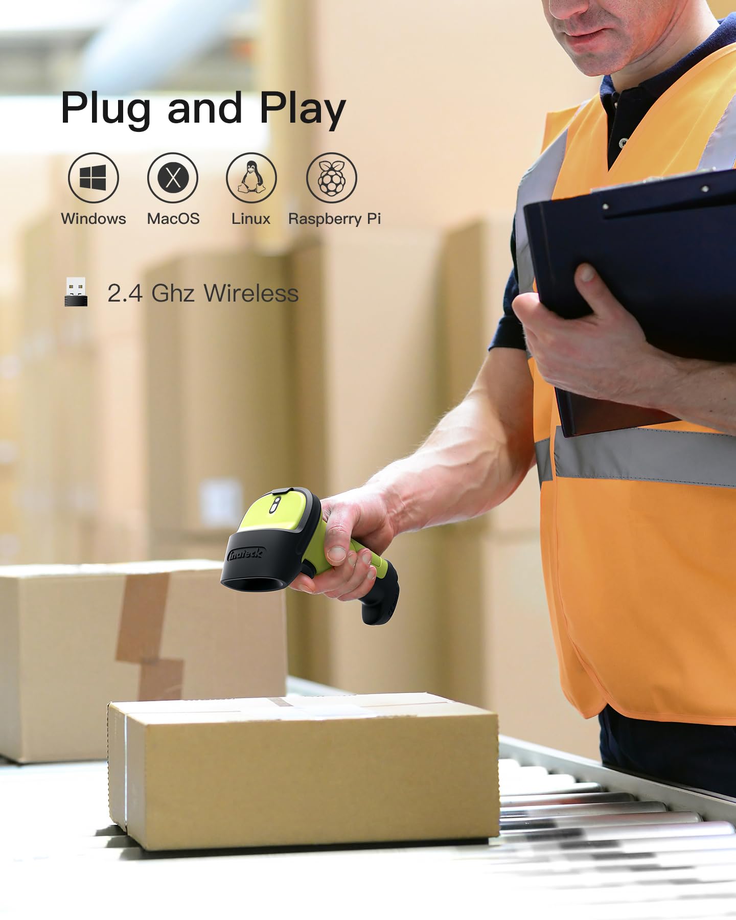 Inateck Barcode Scanner Wireless 2.4 GHz, 35m range, automatic fast and accurate scanning, 180 days standby time, BCST-60