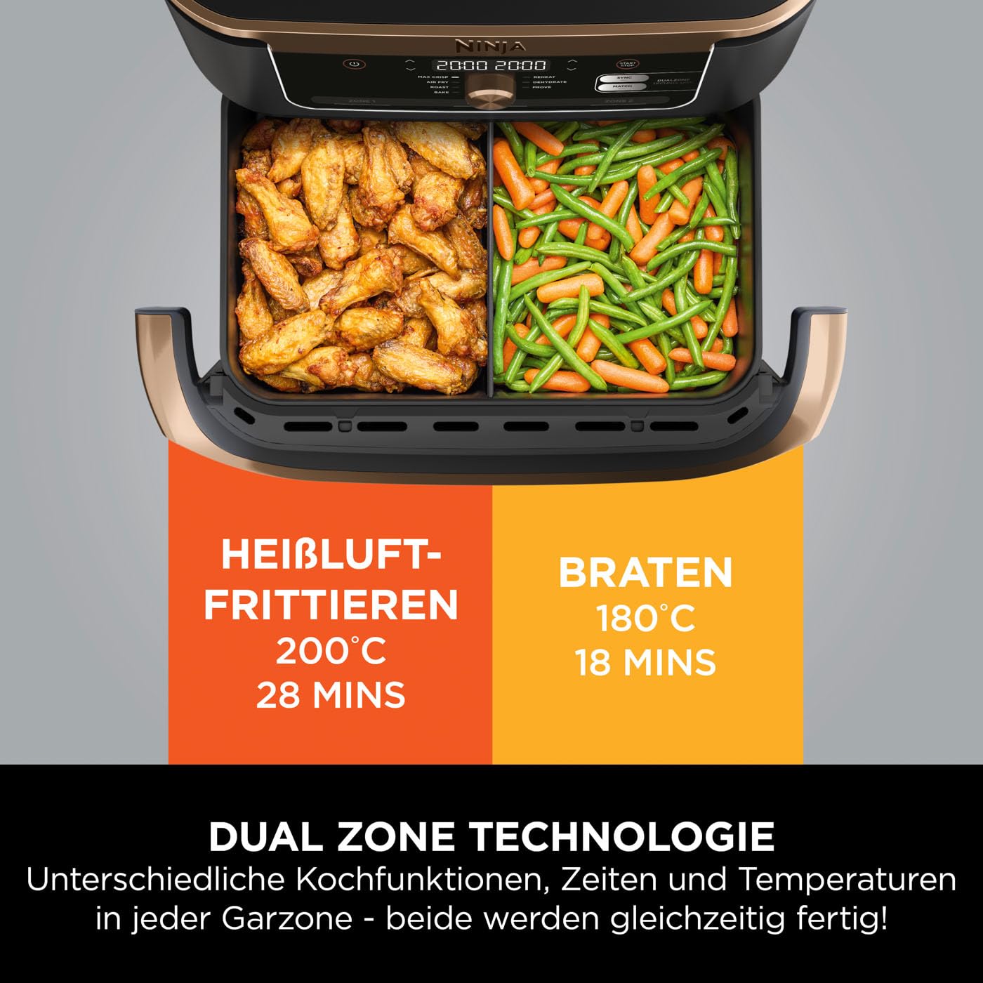 Ninja Foodi FlexDrawer Dual Zone Air Fryer with 10.4 qt capacity and removable divider, non-stick coating, dishwasher-safe basket, 7-in-1 functionality, Black & Copper, AF500EUCP