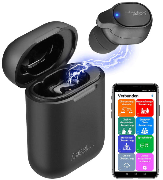 Callstel Live Translator: 2-in-1 live translator and in-ear mono headset with powerbank box & app (simultaneous translator, freisprecheinrichtung).