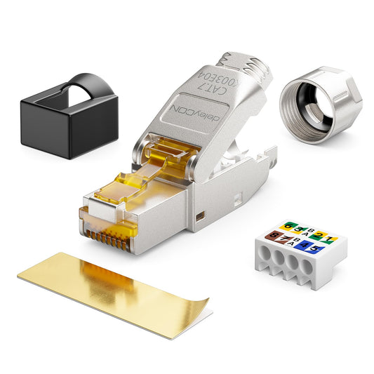 deleyCON 4x CAT 7 network plugs RJ45 toolless shielded 10 Gbit/s 600 MHz network plugs for solid installation cables raw cable connectors RJ45 Ethernet LAN DSL patch cables