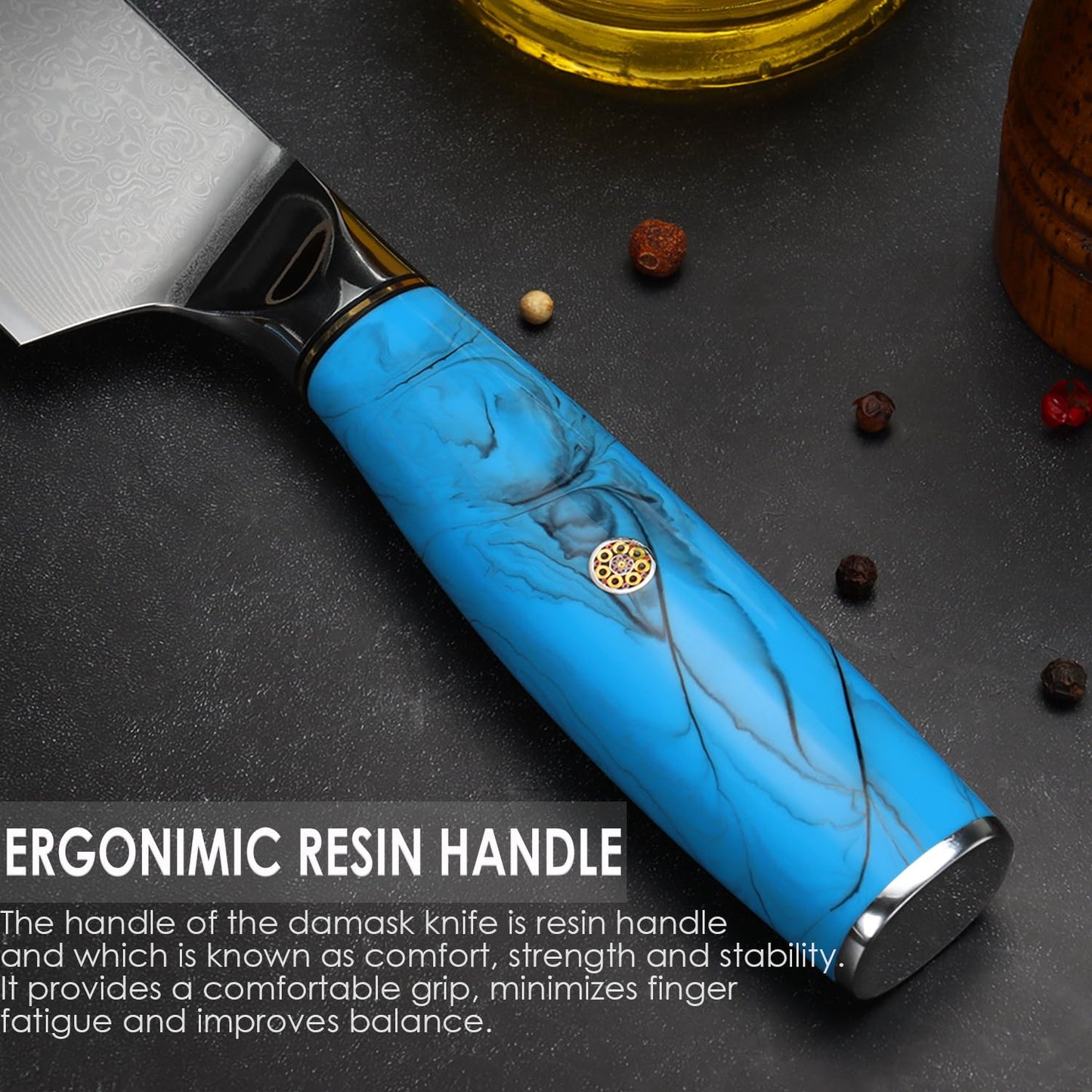 Home Safety Santoku Knife, Damascus Knife, Damascus Sushi Knife with Extremely Sharp 17.5 cm Blade Vegetable Knife made of 67 Layers of Vg-10 Damascus Steel Ergonomic Resin Handle, Gift Box