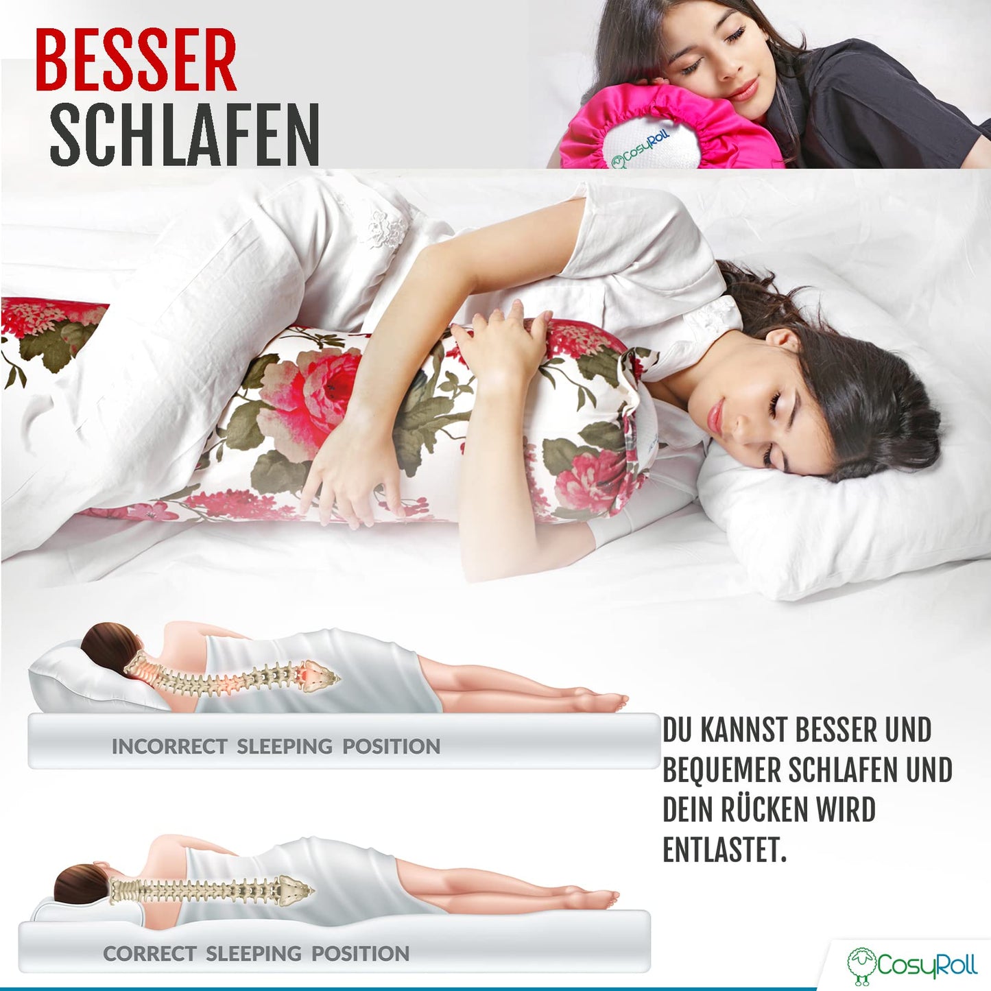 Translate: Original CosyRoll® Side Sleeper & Snuggle Pillow | Better Sleep Pillow | 100% cotton & microfiber filling | 90cm x 30cm | Pillow with Foxglove cover (Color: Red)