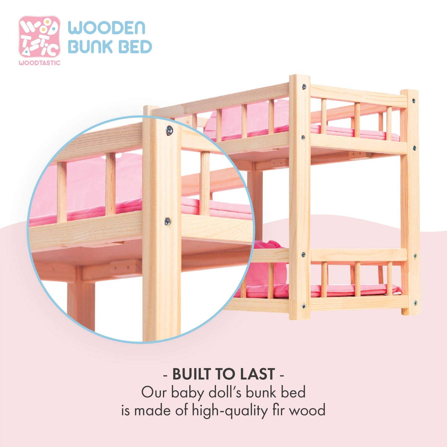 Wooden doll bunk bed - doll bed for dolls up to 36 cm - Creative play with doll furniture in pink.