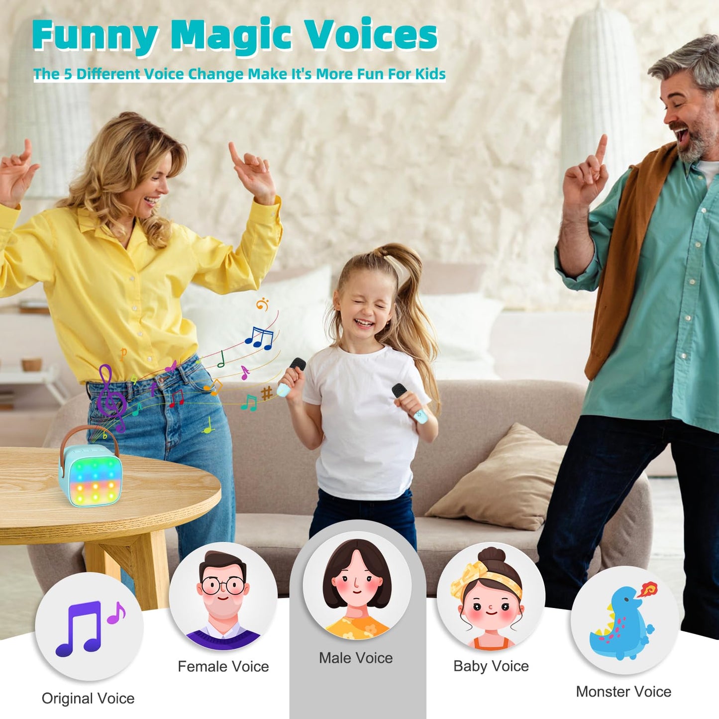Karaoke machine for kids, mini karaoke system with 2 microphones, portable Bluetooth speaker with voice effects & LED lights, gifts toy for 3-12 year old girls and boys.