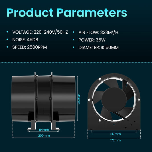 HG Power 150mm axial pipe fan, exhaust fan quiet 323m³/h axial fan duct fan energy-saving bathroom fan pipe fan for kitchen bathroom garage grow tent
