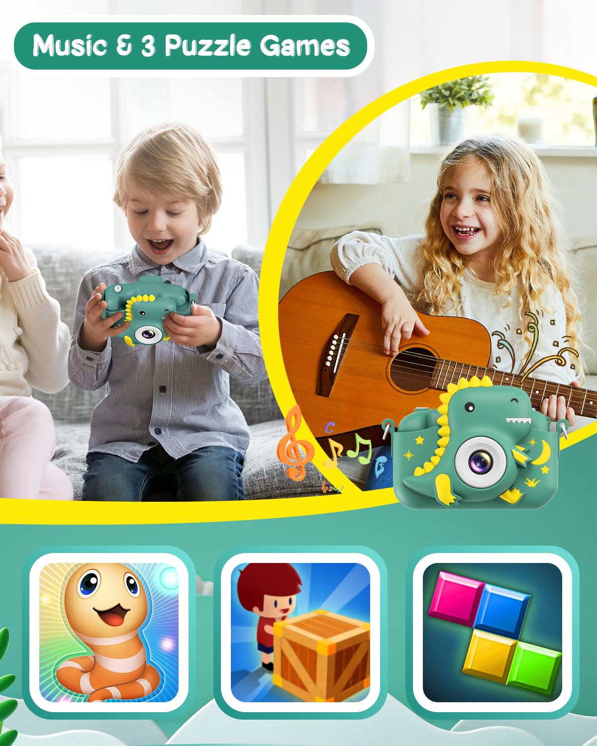 GREENKINDER Children's Camera, 2.0" Screen Kids Camera with 32GB Card, 20MP & 1080P HD Selfie Digital Camera for Children, Dinosaur Gifts for 3-12 Year Old Boys and Girls