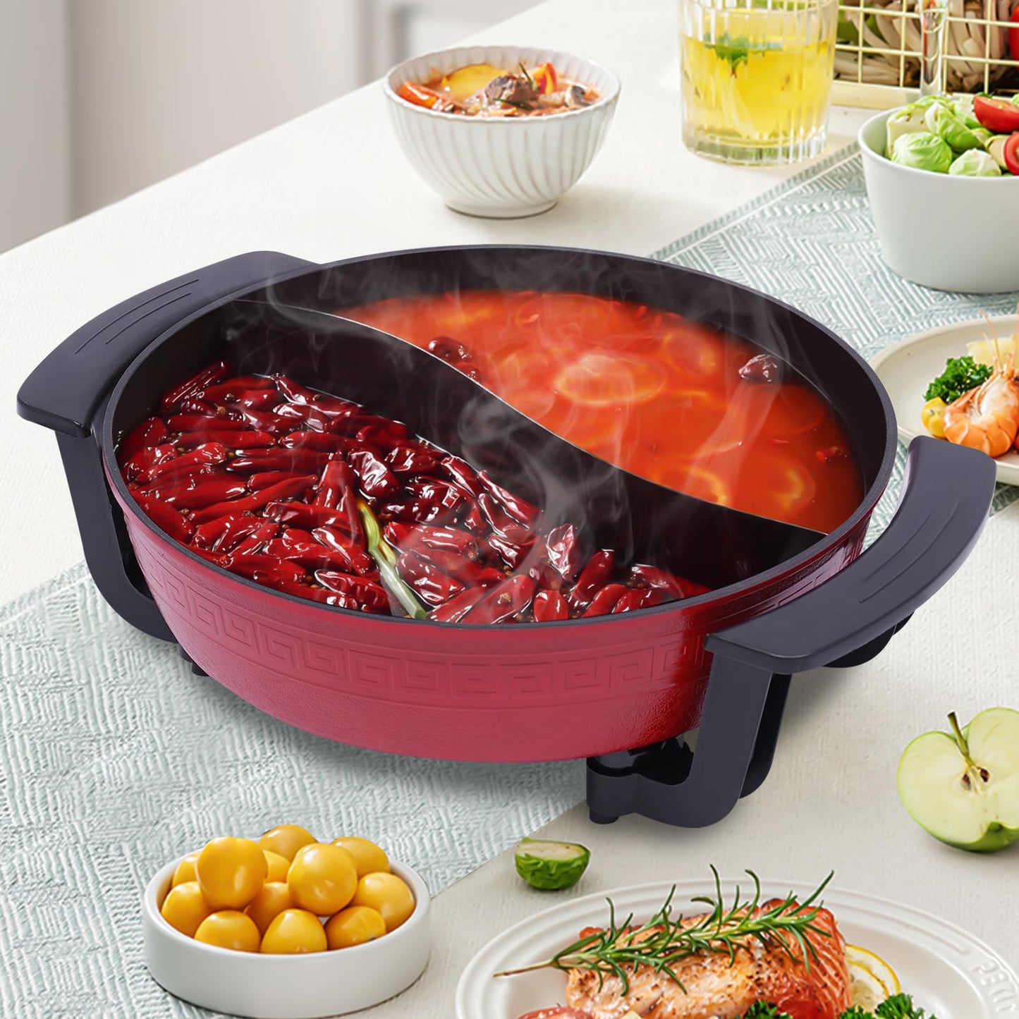 Hot Pot 1300W 220V, Electric Hotpot 6L Twin Cooking Pot Fire Pot Soup Pot with Lid, 2 Chambers Hot Pot Soup Pot Kitchen Cooking Pot for Home, Party, Family Gathering.