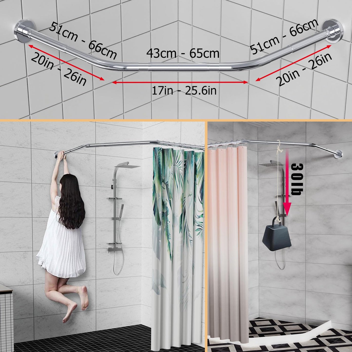 Sikaiqi Extendable 304 Stainless Steel Diamond Shape Bathroom Bathtub Corner Shower Curtain Rod (Diamond shape, both sides: 43-65 cm, center: 51cm-66 cm)