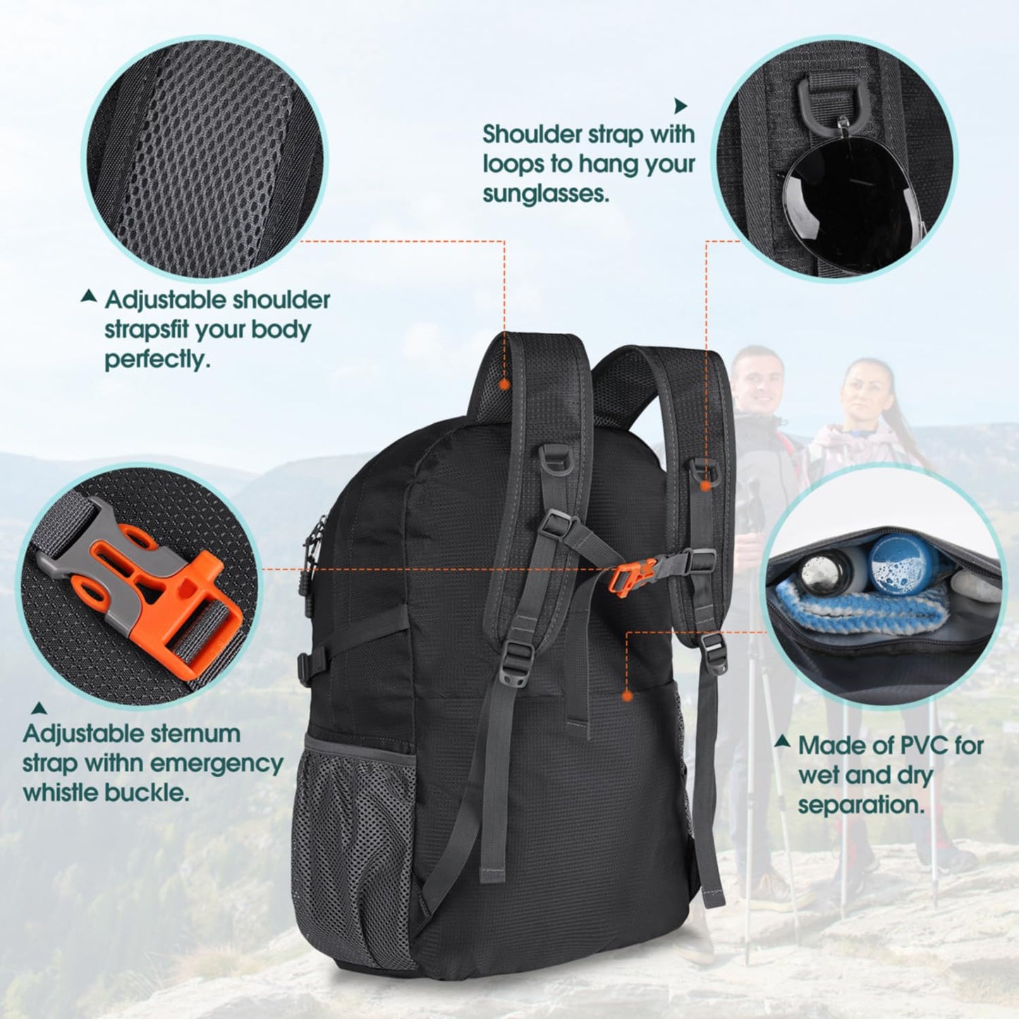 RAINSMORE hiking backpack for men and women 40L waterproof lightweight travel backpack trekking backpack with reflective strips for climbing, cycling, mountaineering, and travel Black