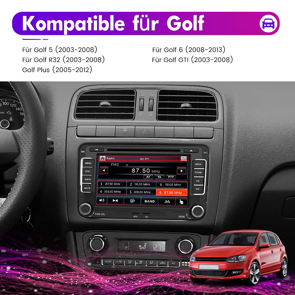 AWESAFE Radio for VW Golf 5 Golf 6, 2DIN car radio with Mirrorlink, 7 inch touchscreen monitor, SD, USB, CD DVD, and Bluetooth.