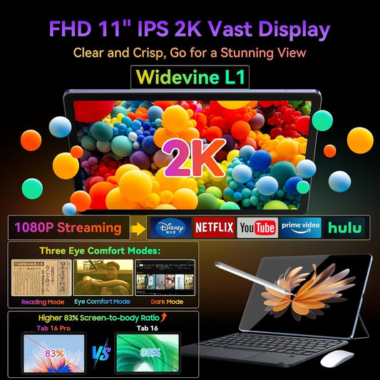 Blackview Tablet 11 inch Tab16Pro Android 14 tablet 24GB RAM 256GB ROM (2TB TF) 4G LTE 5G WiFi Tablet with pen and case, 13MP+8MP, 7700mAh, 2K Display Widevine L1, GPS