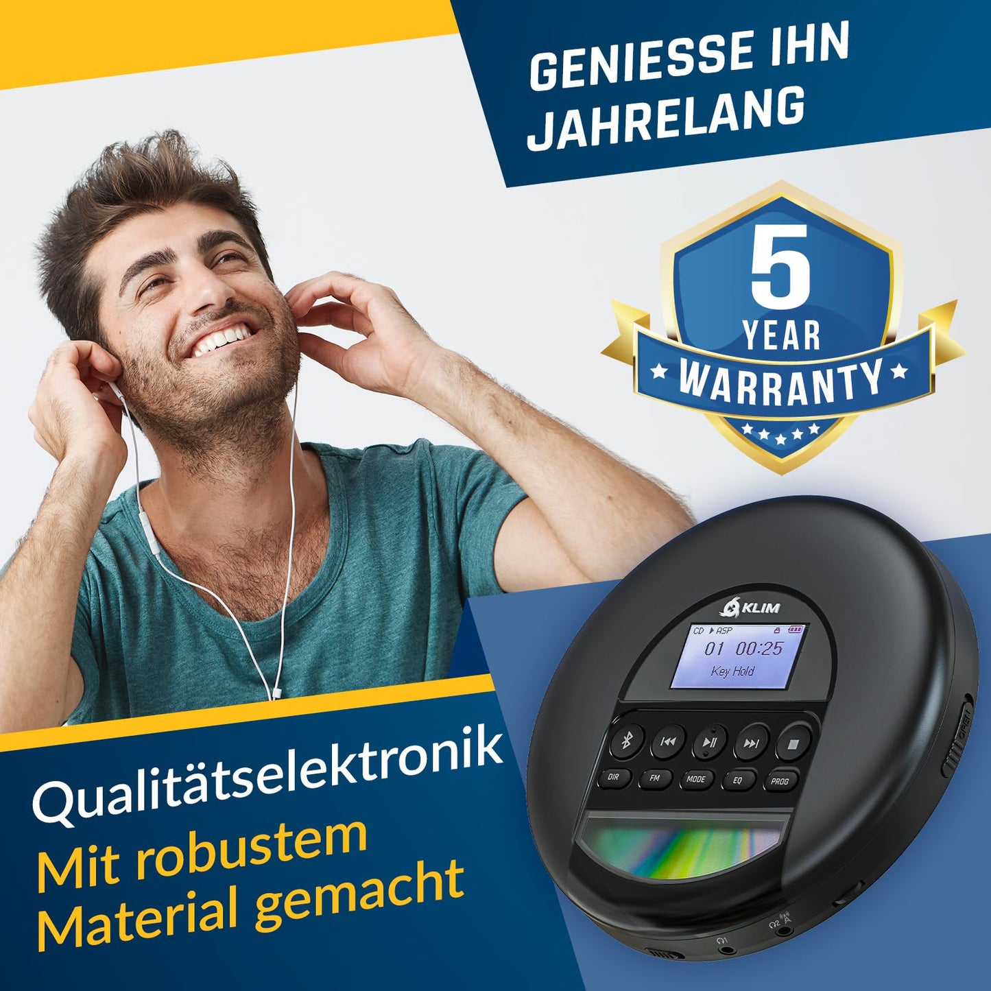 KLIM Nomad CD Player Bluetooth - Portable CD player Discman with long-lasting battery - Includes headphones - CD-R, CD-RW, MP3 - With TF reader, FM radio - Great for cars - Portable CD player Diskman