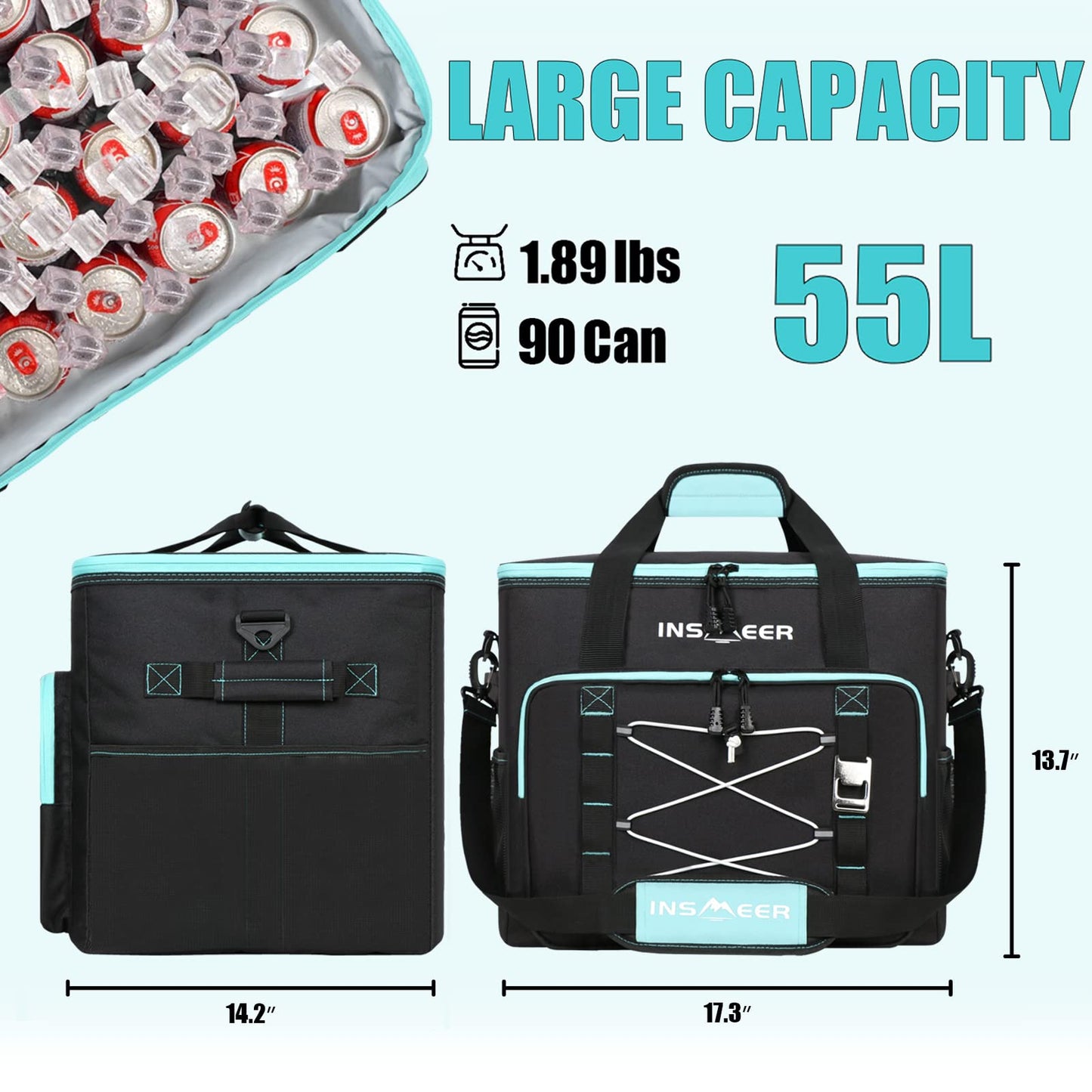 INSMEER Large 55L Cooler Bag, 90 Cans Foldable Cooler Bag, Leakproof & Waterproof Insulated Bag with Bottle Opener XXL Picnic Bag/Shopping Bag for Trip, Camping, Beach