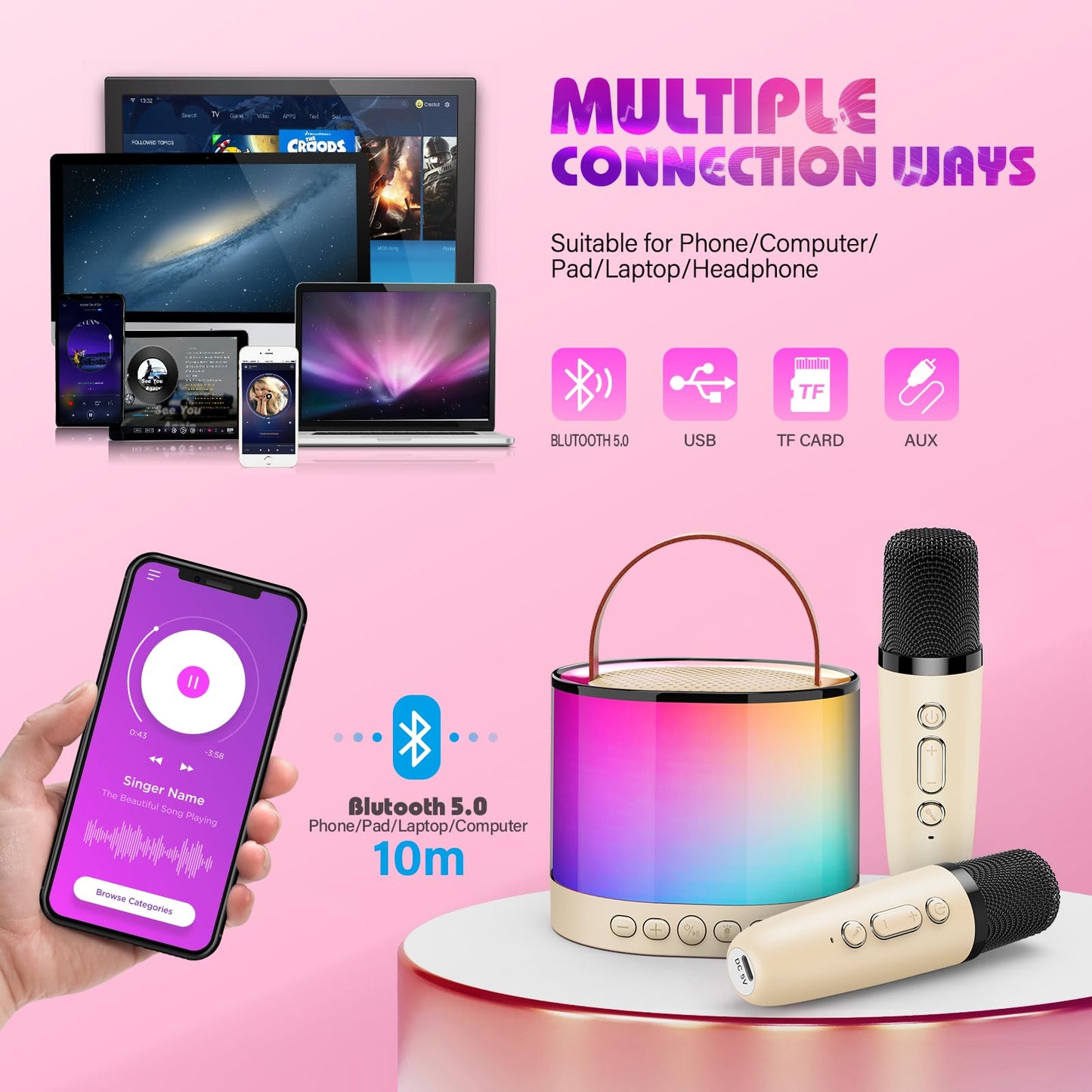 Grail girl gifts 3-12 years, mini karaoke machine with 2 kids microphones Bluetooth toy for girls and boys ages 3-12. Karaoke microphone gifts for kids.